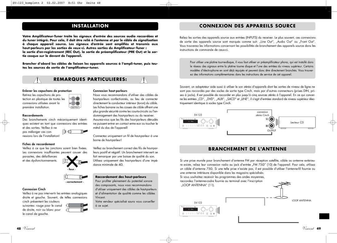 Vincent Audio SV-123 manuel dutilisation Remarques Particulieres Connexion DES Appareils Source, Branchement DE Lantenne 