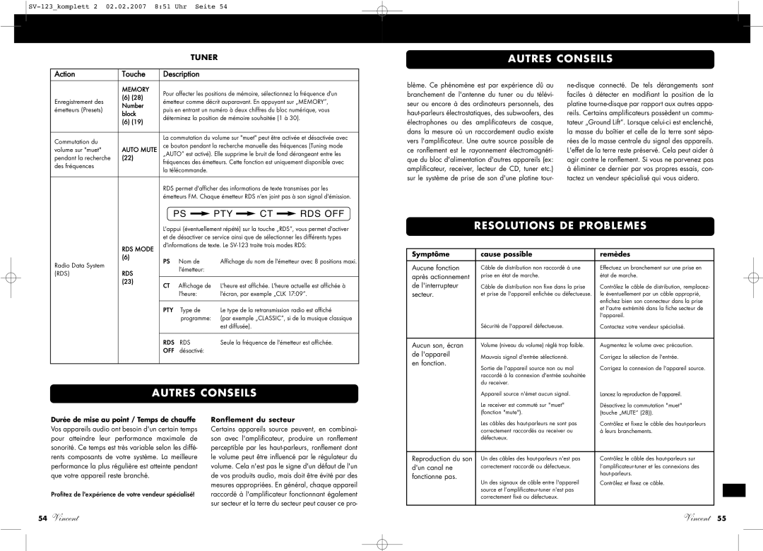 Vincent Audio SV-123 Autres Conseils Resolutions DE Problemes, Symptôme Cause possible Remèdes, Ronflement du secteur 