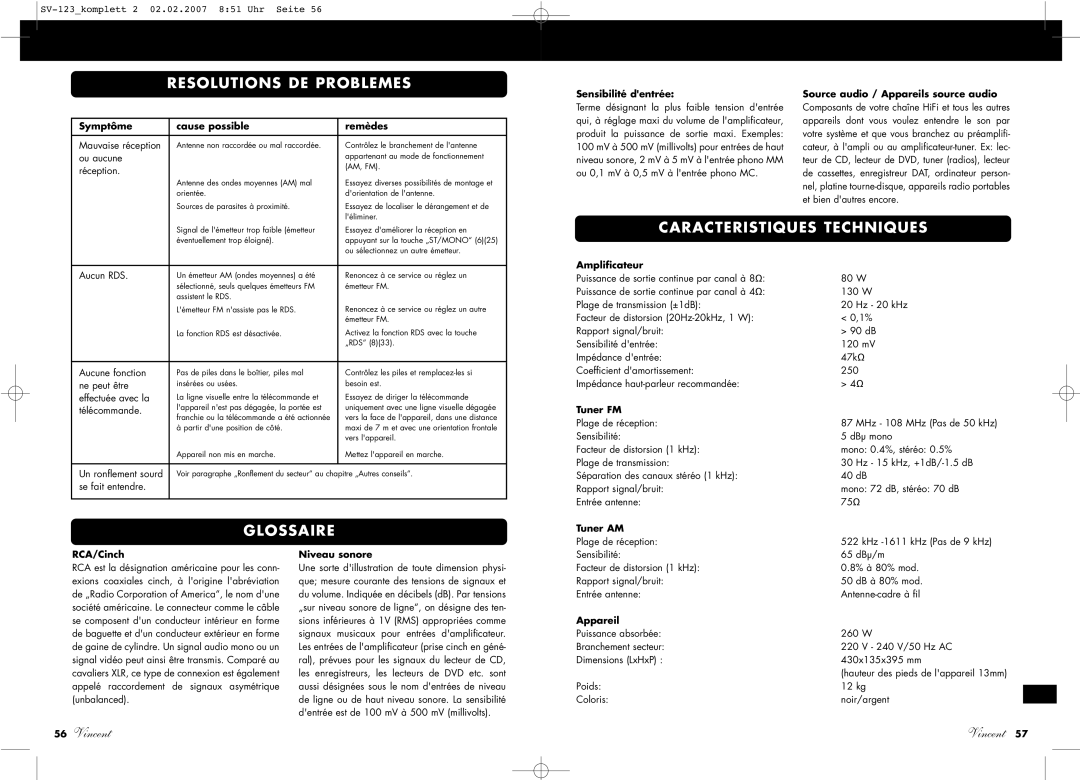 Vincent Audio SV-123 manuel dutilisation Caracteristiques Techniques, Glossaire 