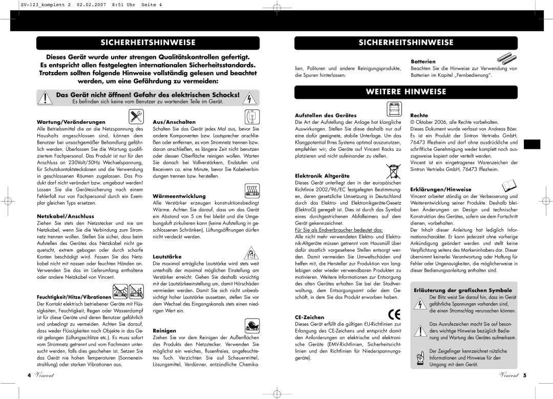 Vincent Audio SV-123 manuel dutilisation Sicherheitshinweise, Weitere Hinweise 