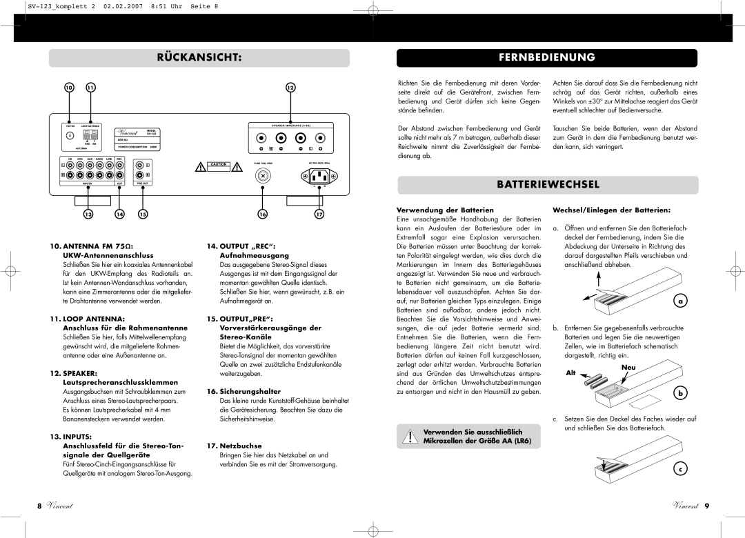 Vincent Audio SV-123 manuel dutilisation Rückansicht, Fernbedienung, Batteriewechsel 
