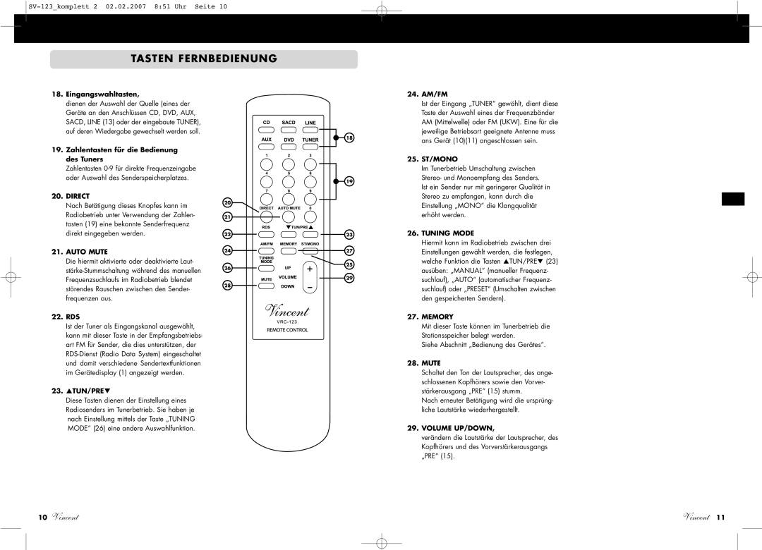 Vincent Audio SV-123 manuel dutilisation Tasten Fernbedienung 