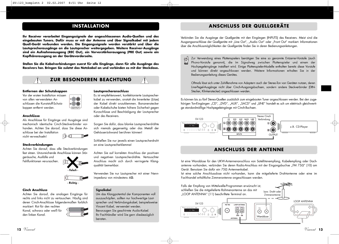 Vincent Audio SV-123 Installation, ZUR Besonderen Beachtung Anschluss DER Quellgeräte, Anschluss DER Antenne 