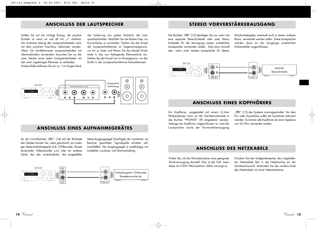 Vincent Audio SV-123 Anschluss DER Lautsprecher Stereo Vorverstärkerausgang, Anschluss Eines Aufnahmegerätes 