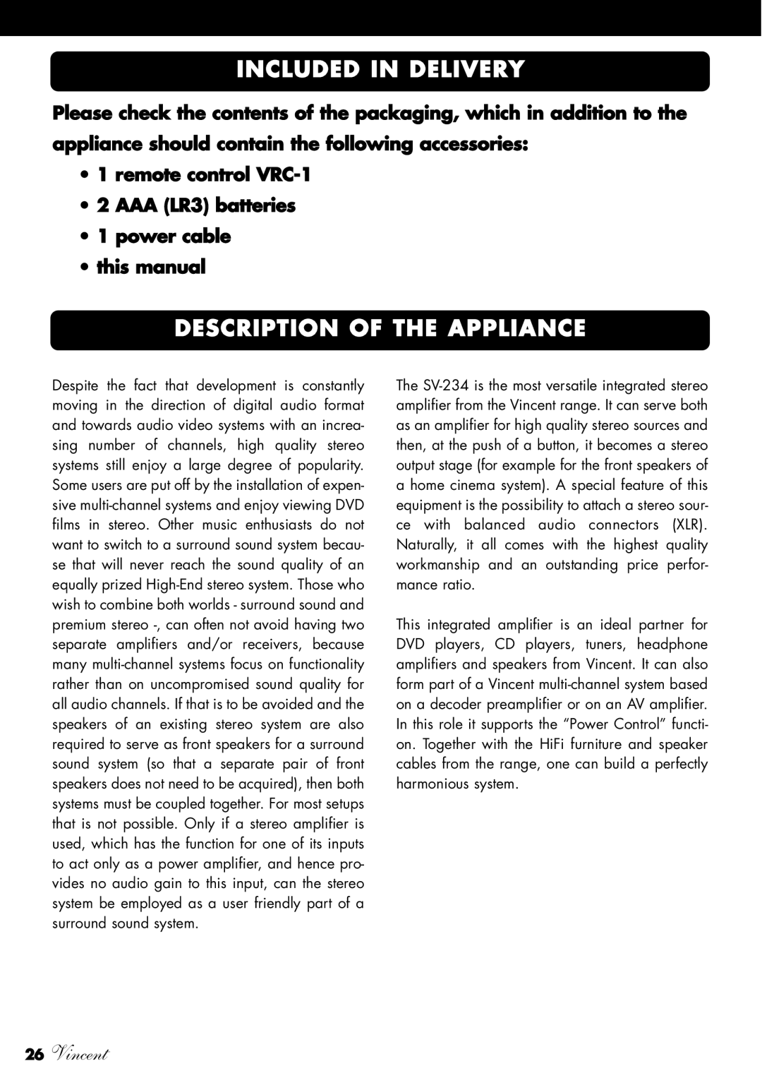 Vincent Audio SV-234 manuel dutilisation Included in Delivery, Description of the Appliance 