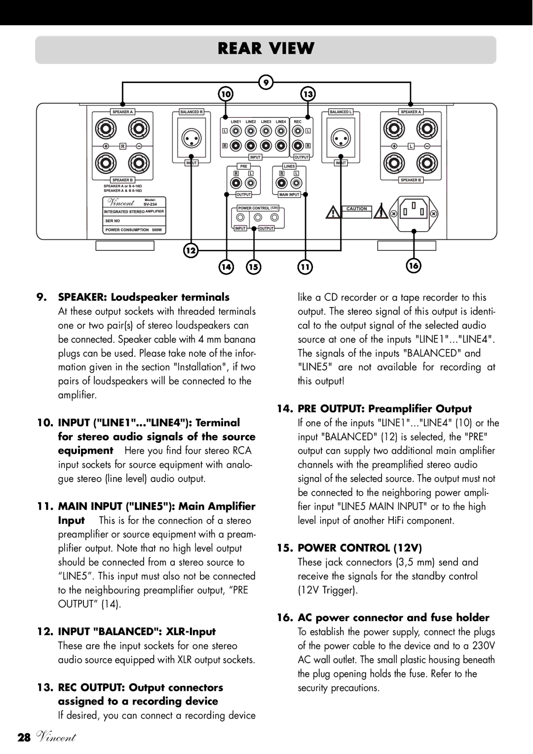 Vincent Audio SV-234 Rear View, Speaker Loudspeaker terminals, If desired, you can connect a recording device 