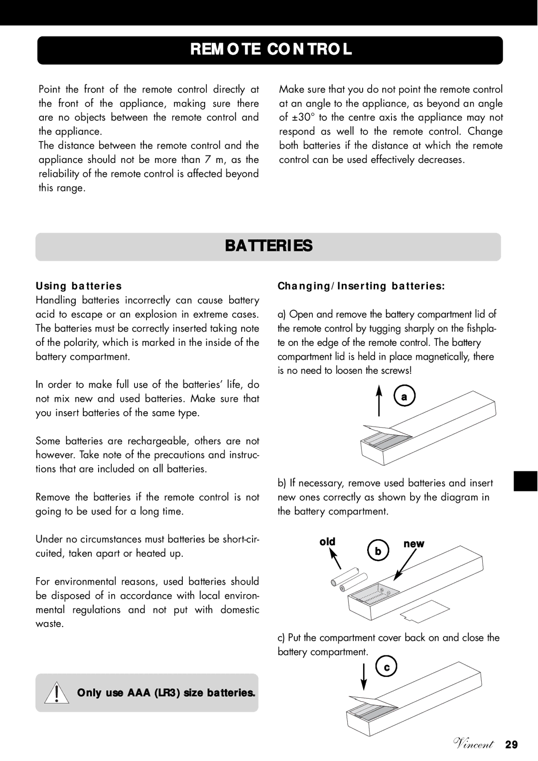 Vincent Audio SV-234 manuel dutilisation Remote Control, Batteries, Using batteries, Old New 