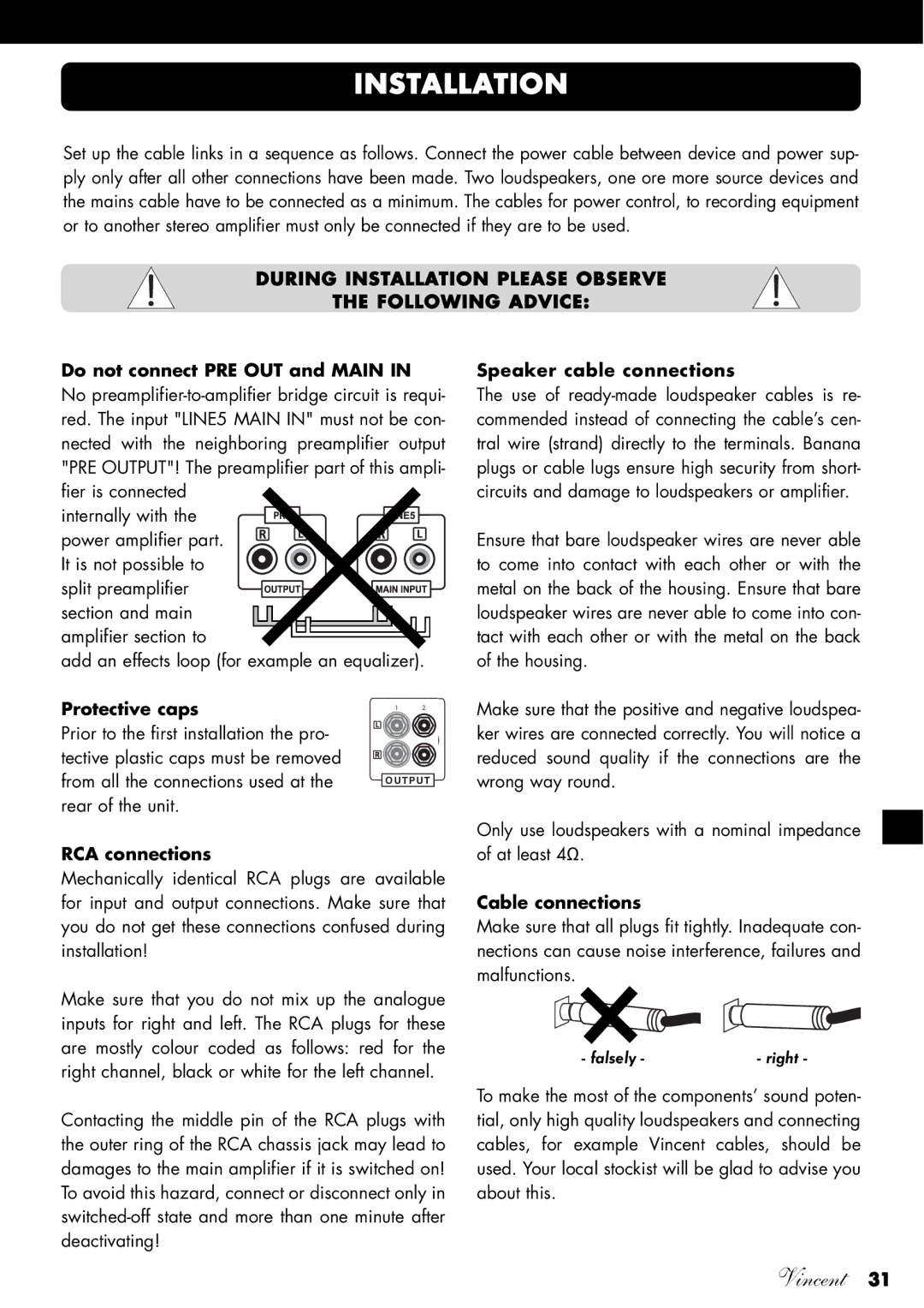 Vincent Audio SV-234 Do not connect PRE OUT and Main, Speaker cable connections, Protective caps, RCA connections 