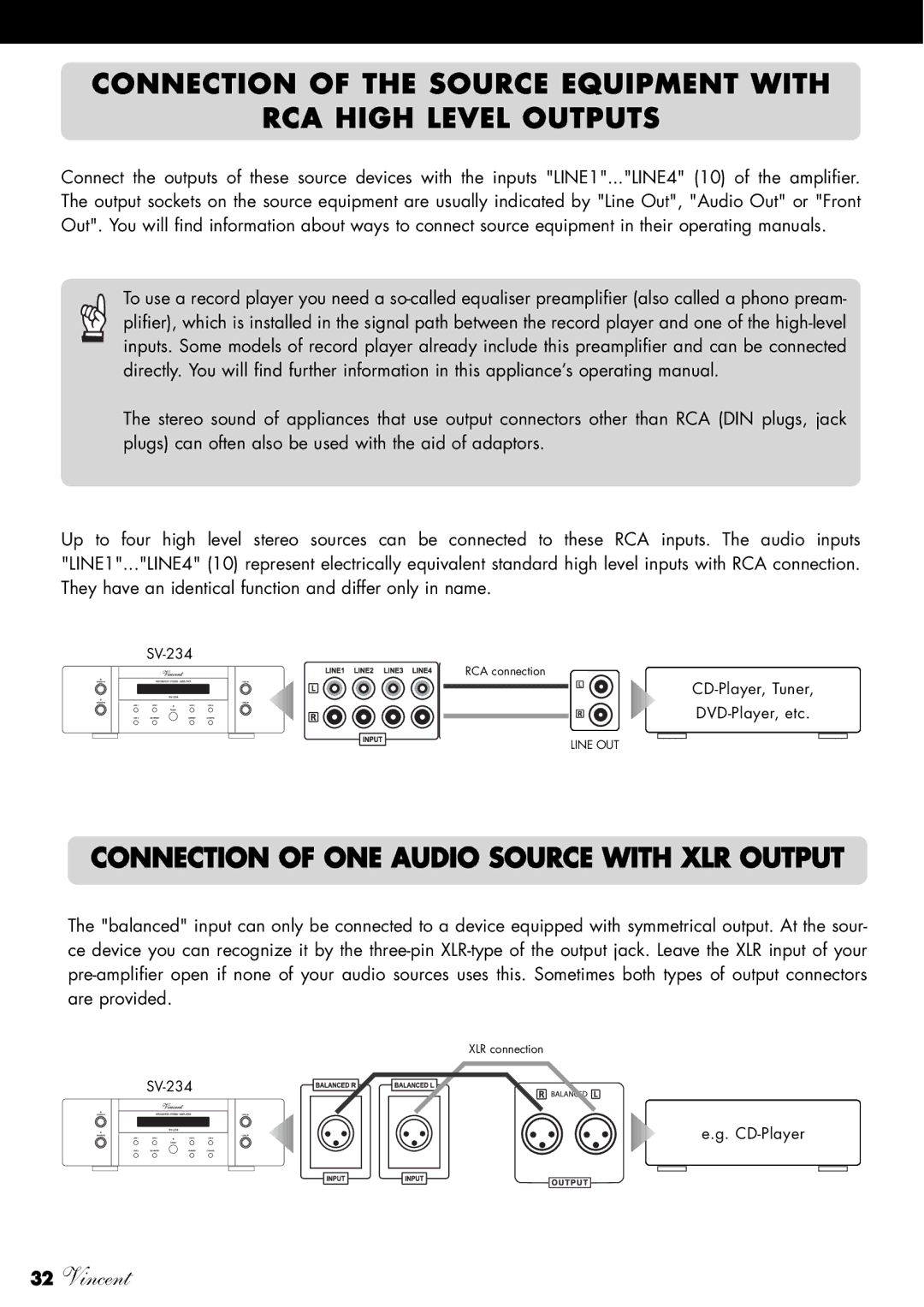 Vincent Audio SV-234 manuel dutilisation Connection of ONE Audio Source with XLR Output 