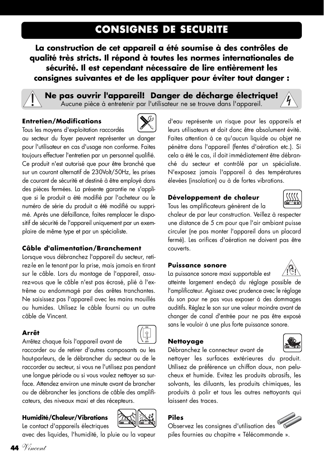 Vincent Audio SV-234 Consignes DE Securite, Entretien/Modifications, Câble dalimentation/Branchement, Piles 