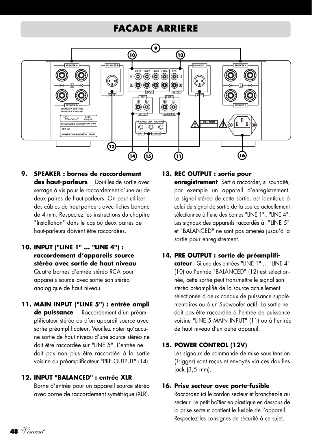 Vincent Audio SV-234 manuel dutilisation Facade Arriere, Speaker bornes de raccordement, Input Balanced entrée XLR 