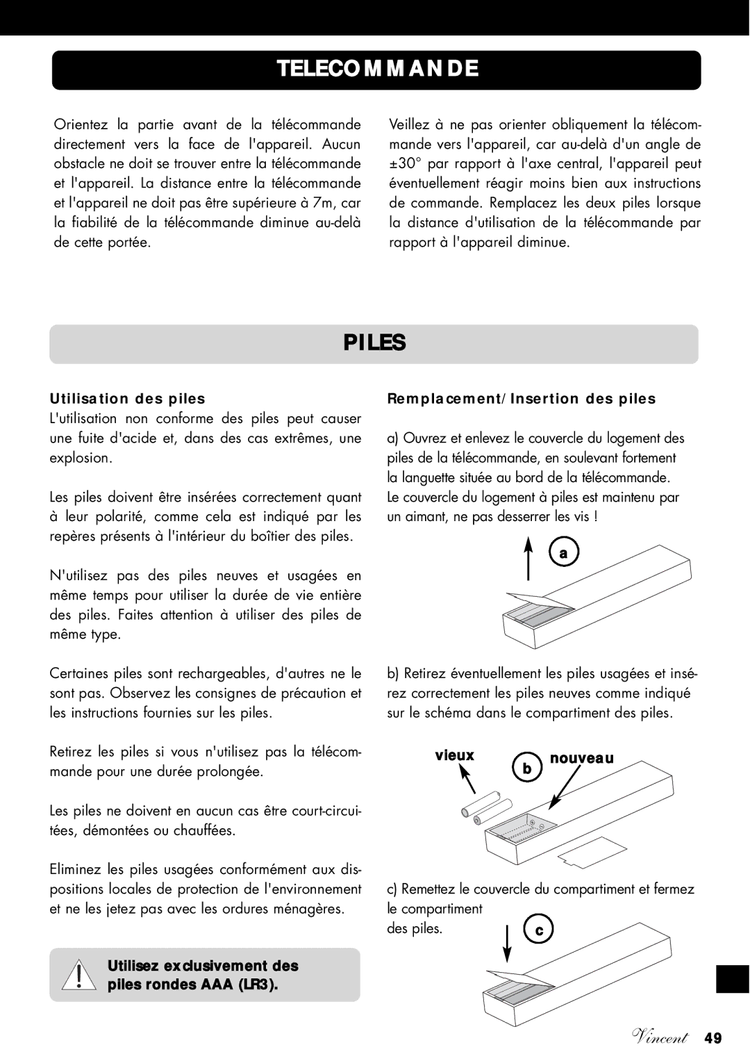 Vincent Audio SV-234 manuel dutilisation Telecommande, Piles 