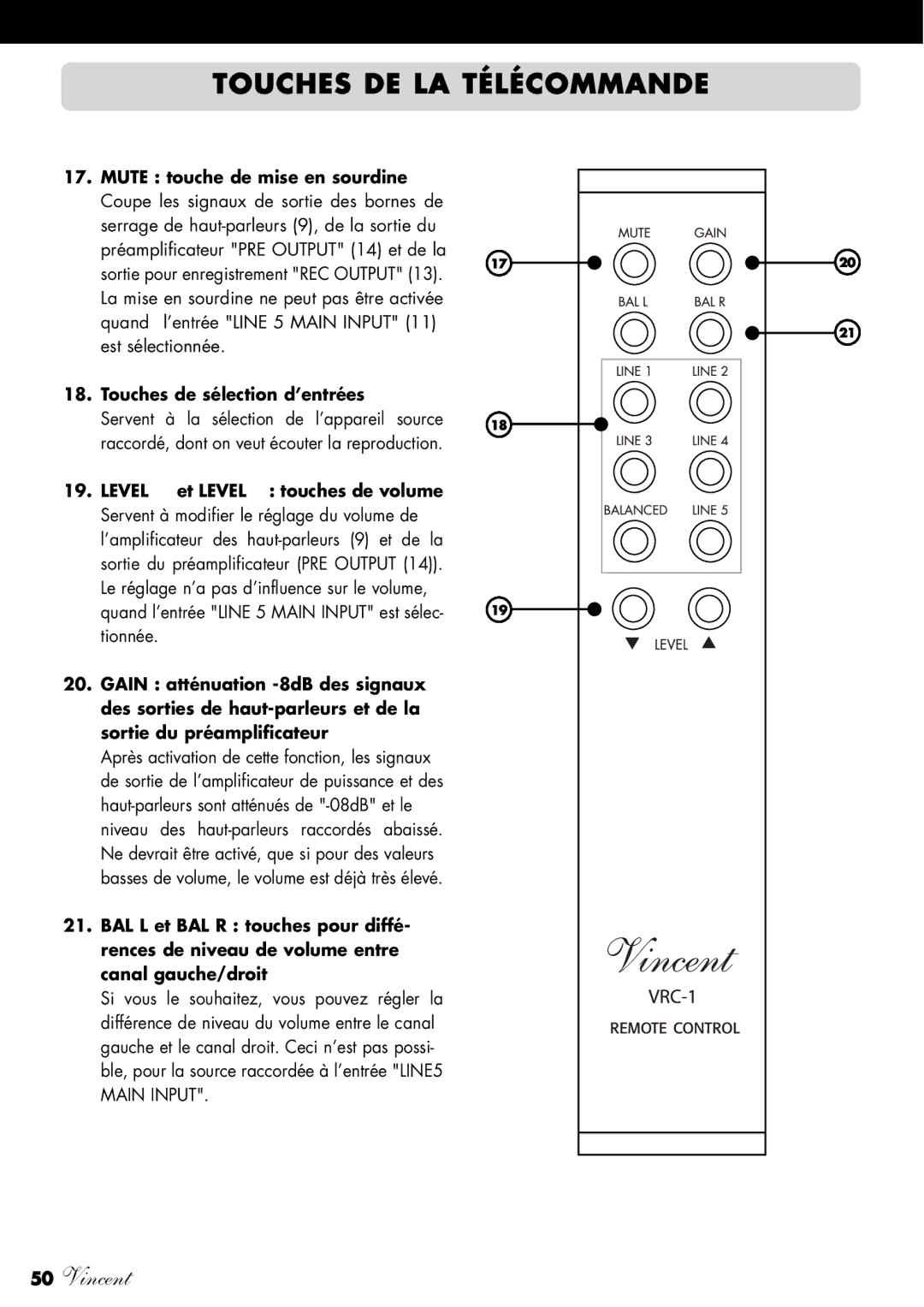 Vincent Audio SV-234 manuel dutilisation Touches DE LA Télécommande, Level et Level touches de volume 