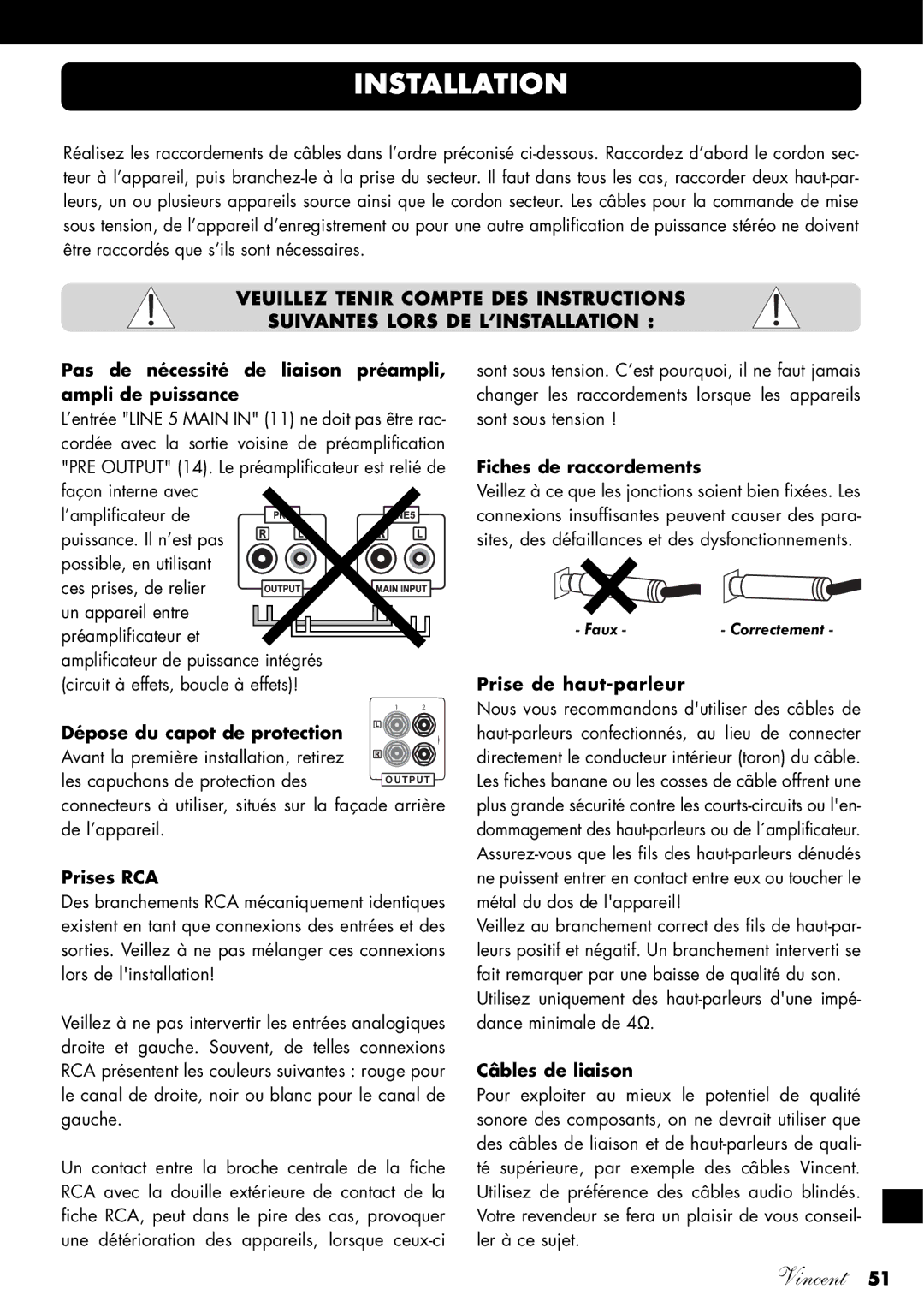 Vincent Audio SV-234 Pas de nécessité de liaison préampli, ampli de puissance, Dépose du capot de protection, Prises RCA 