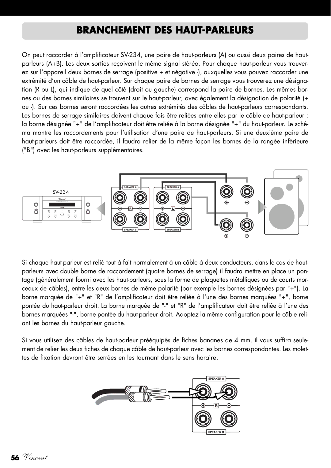 Vincent Audio SV-234 manuel dutilisation Branchement DES HAUT-PARLEURS 