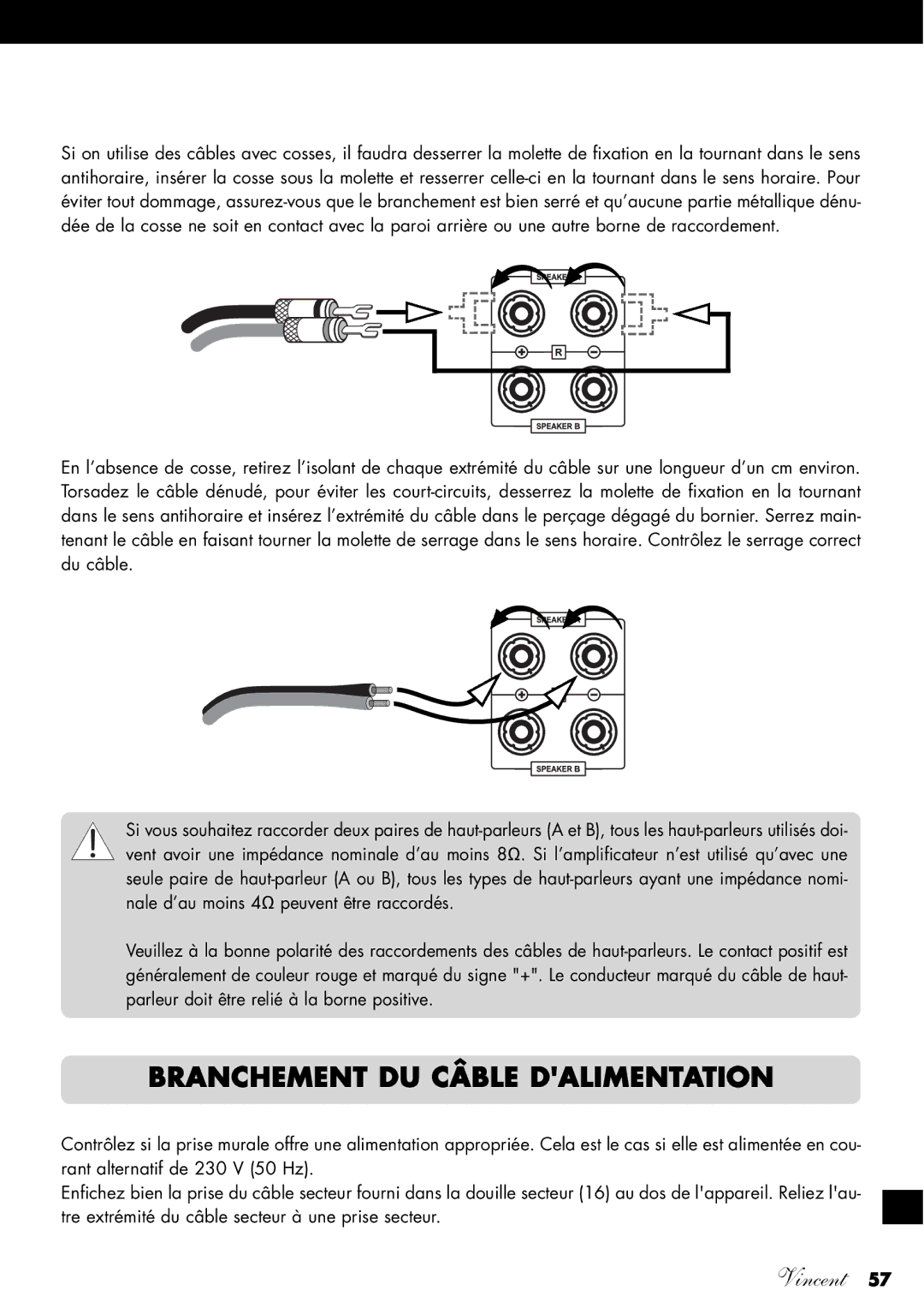 Vincent Audio SV-234 manuel dutilisation Branchement DU Câble Dalimentation 