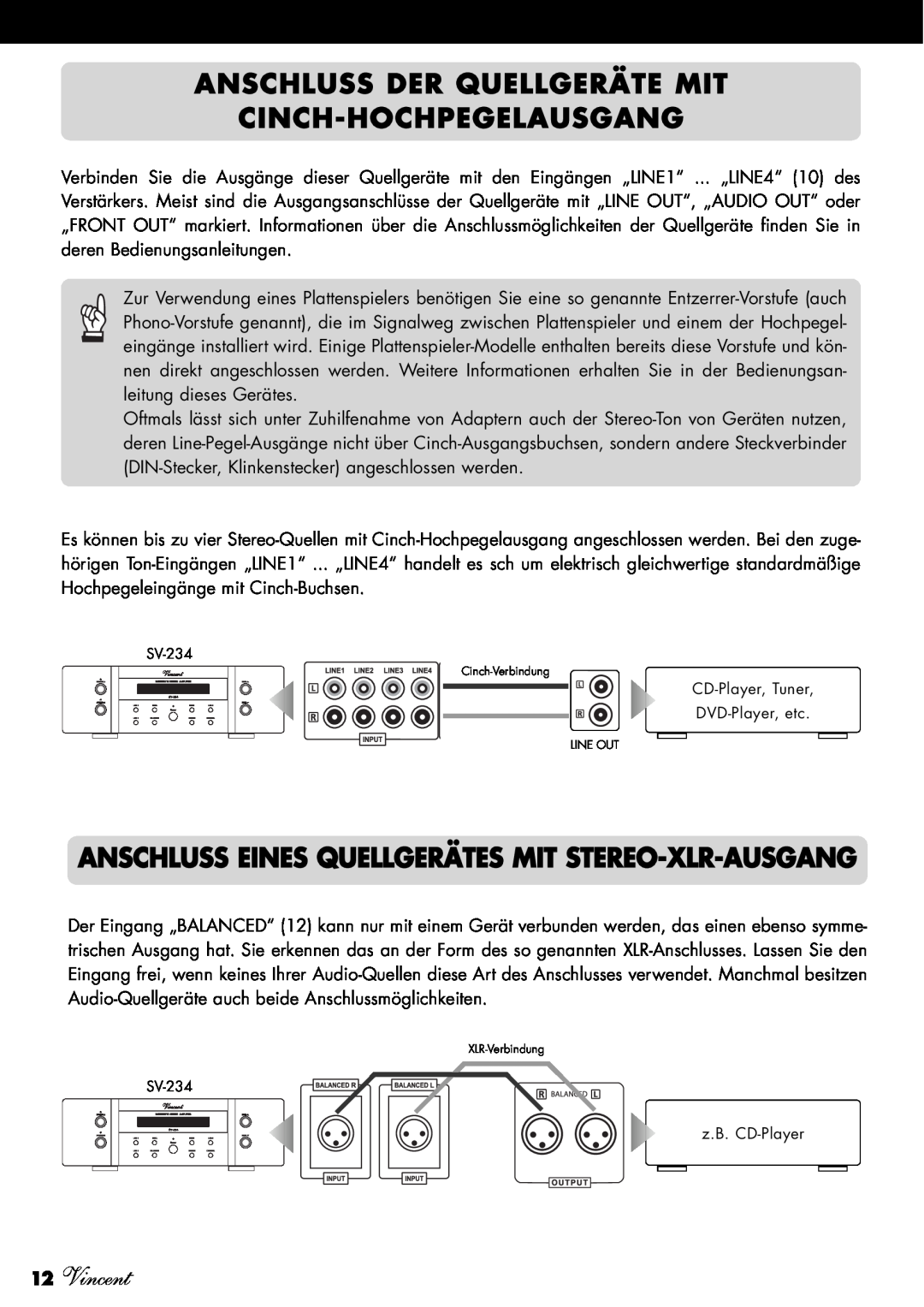 Vincent Audio SV-234 manuel dutilisation Anschluss Der Quellgeräte Mit, Cinch-Hochpegelausgang, 12Vincent 
