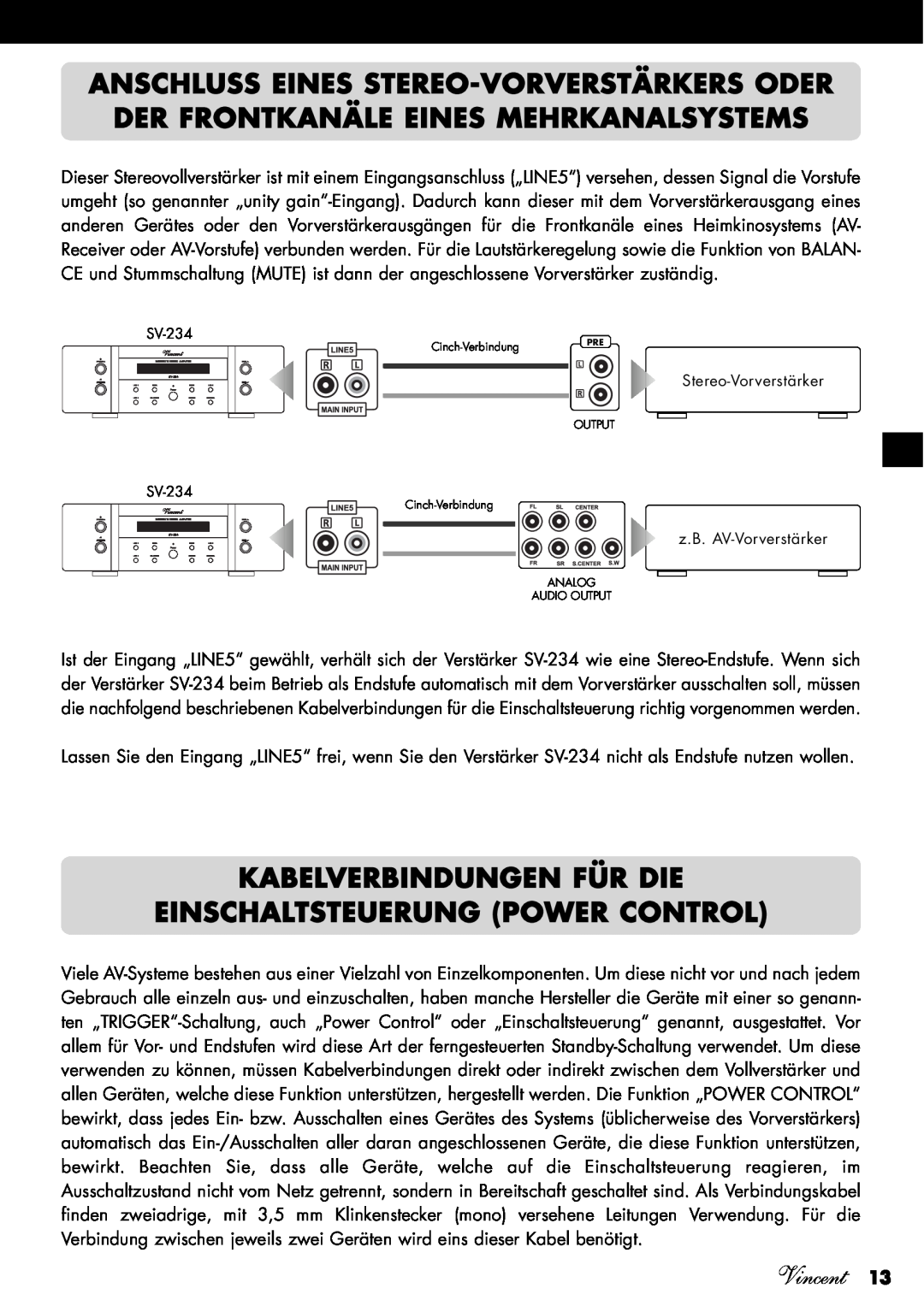 Vincent Audio SV-234 manuel dutilisation Kabelverbindungen Für Die, Einschaltsteuerung Power Control, Vincent 
