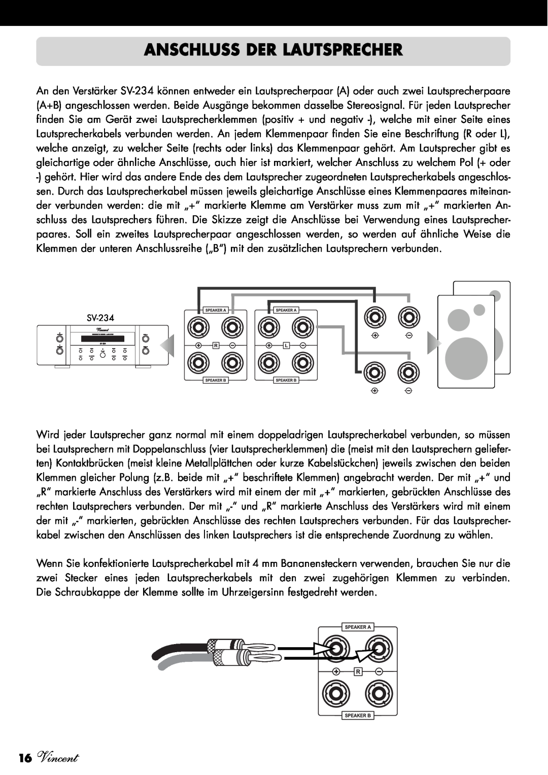 Vincent Audio SV-234 manuel dutilisation Anschluss Der Lautsprecher, 16Vincent 