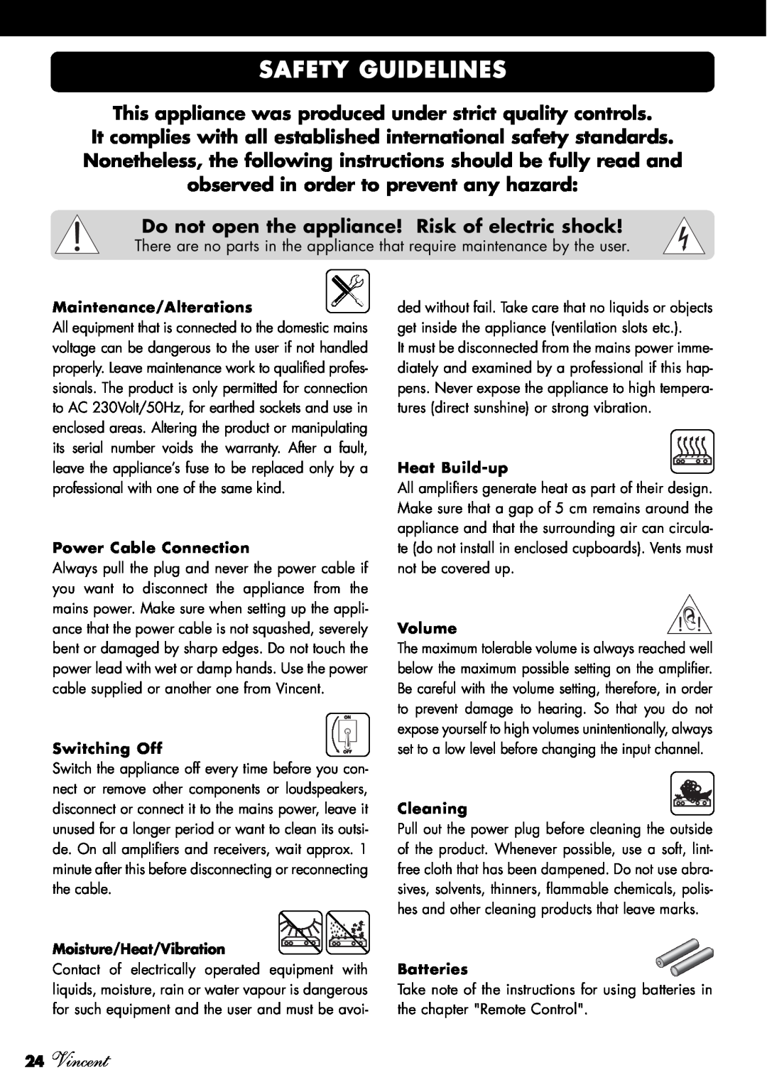 Vincent Audio SV-234 manuel dutilisation Safety Guidelines, 24Vincent, Do not open the appliance! Risk of electric shock 