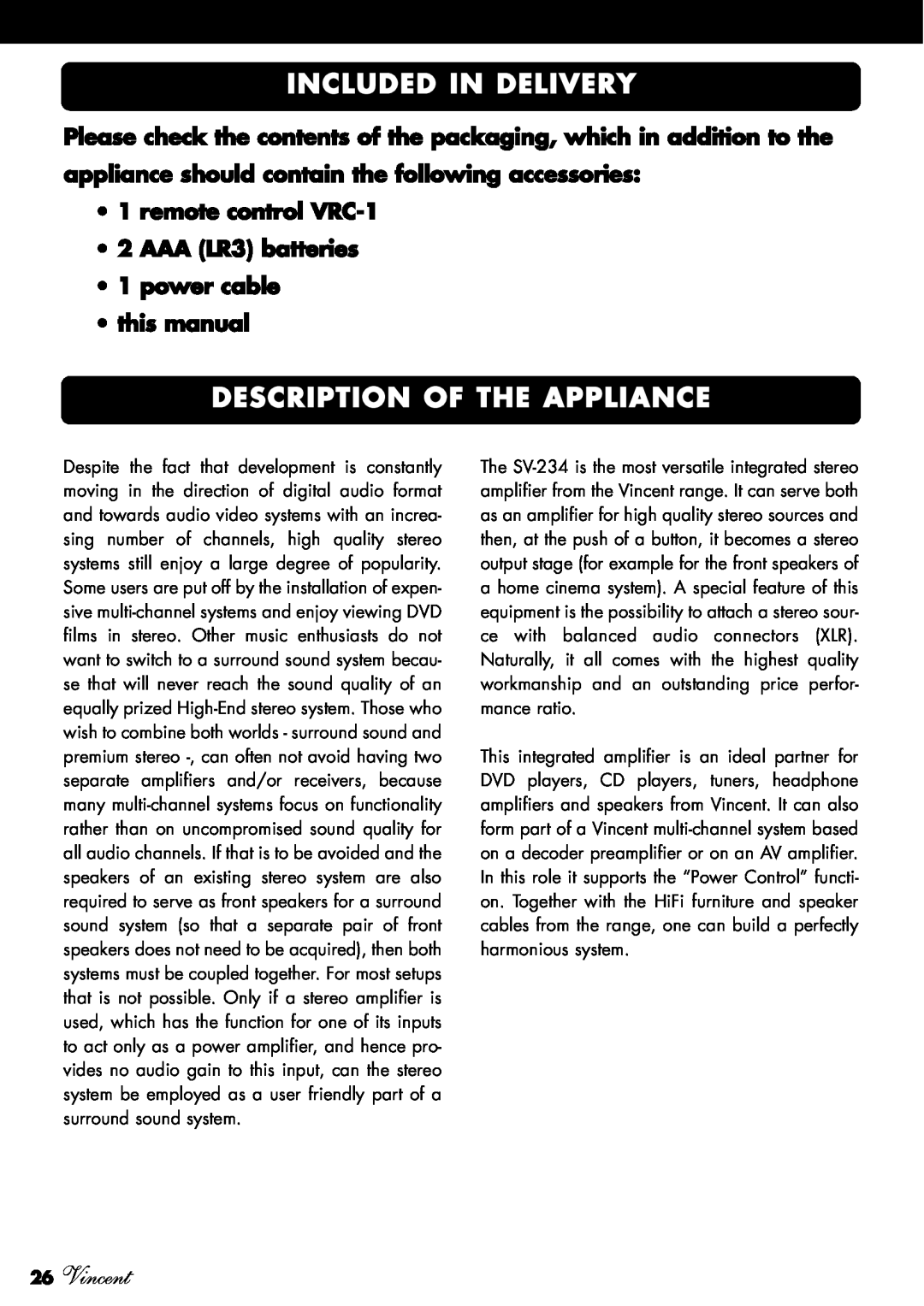 Vincent Audio SV-234 Included In Delivery, Description Of The Appliance, 26Vincent, power cable this manual 