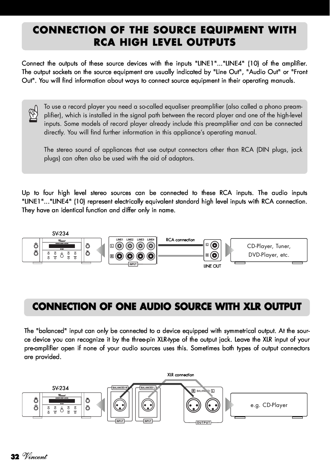 Vincent Audio SV-234 manuel dutilisation Connection Of The Source Equipment With, Rca High Level Outputs, 32Vincent 