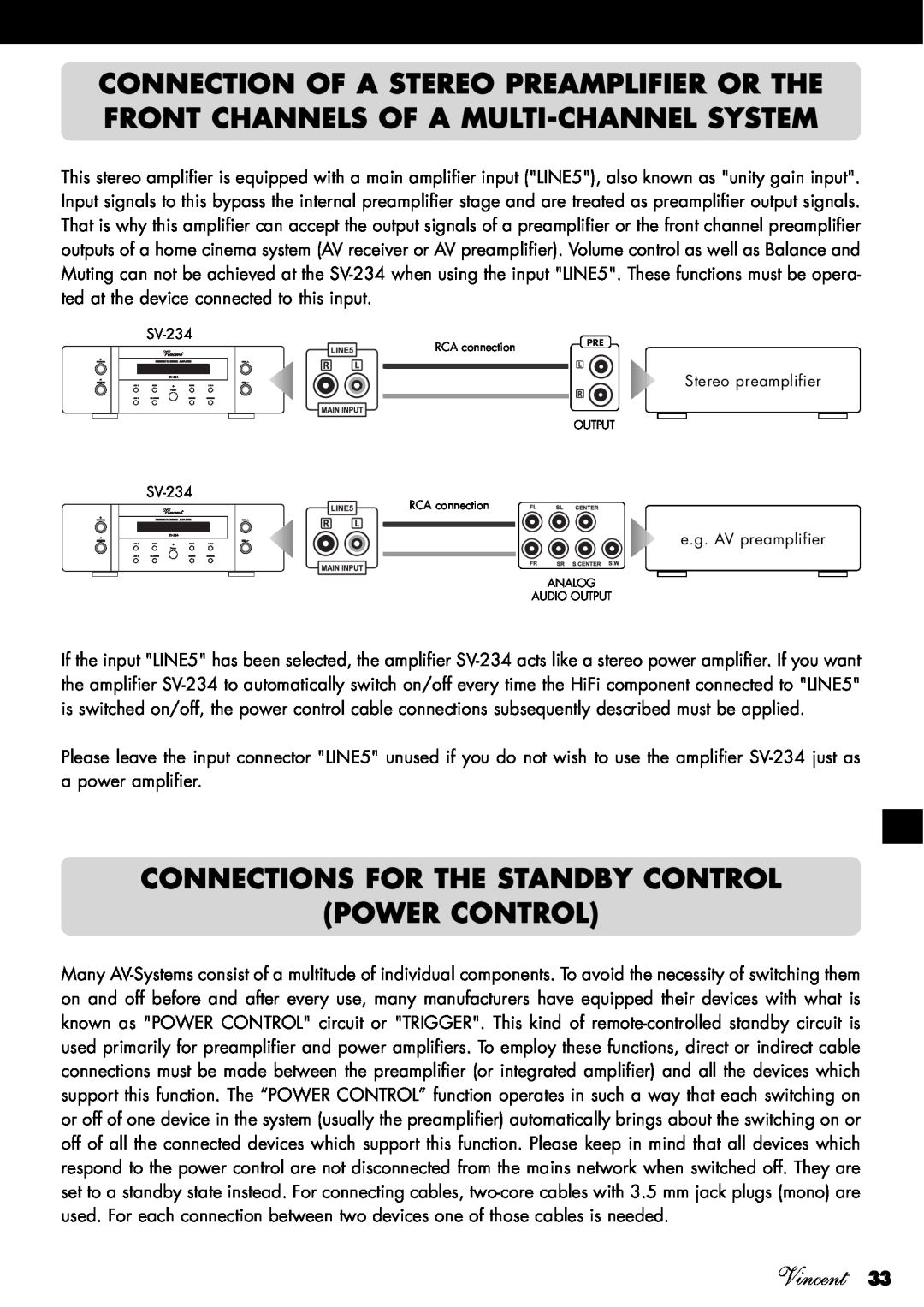 Vincent Audio SV-234 Connections For The Standby Control Power Control, Vincent, Stereo preamplifier, e.g. AV preamplifier 