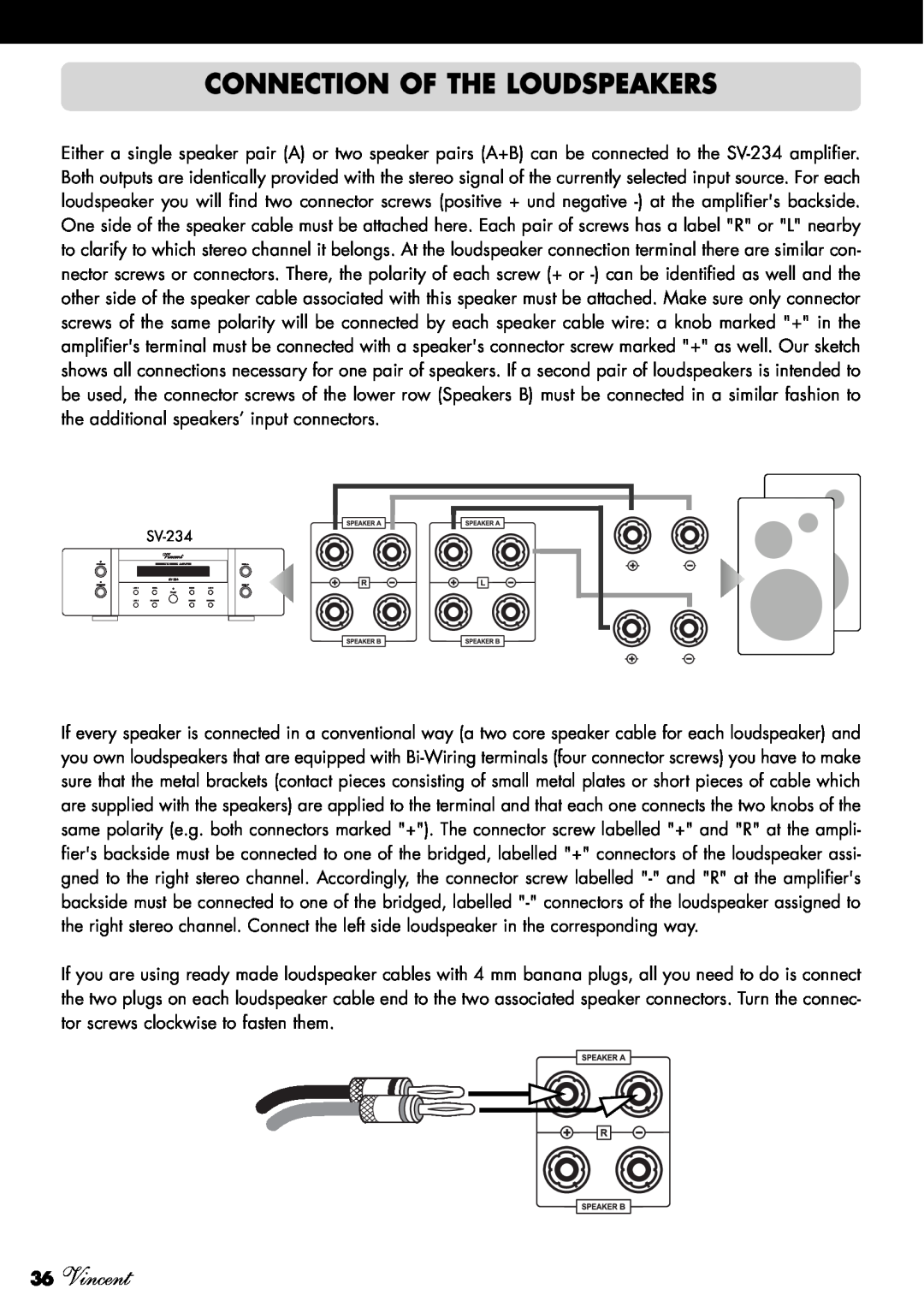 Vincent Audio SV-234 manuel dutilisation Connection Of The Loudspeakers, 36Vincent 