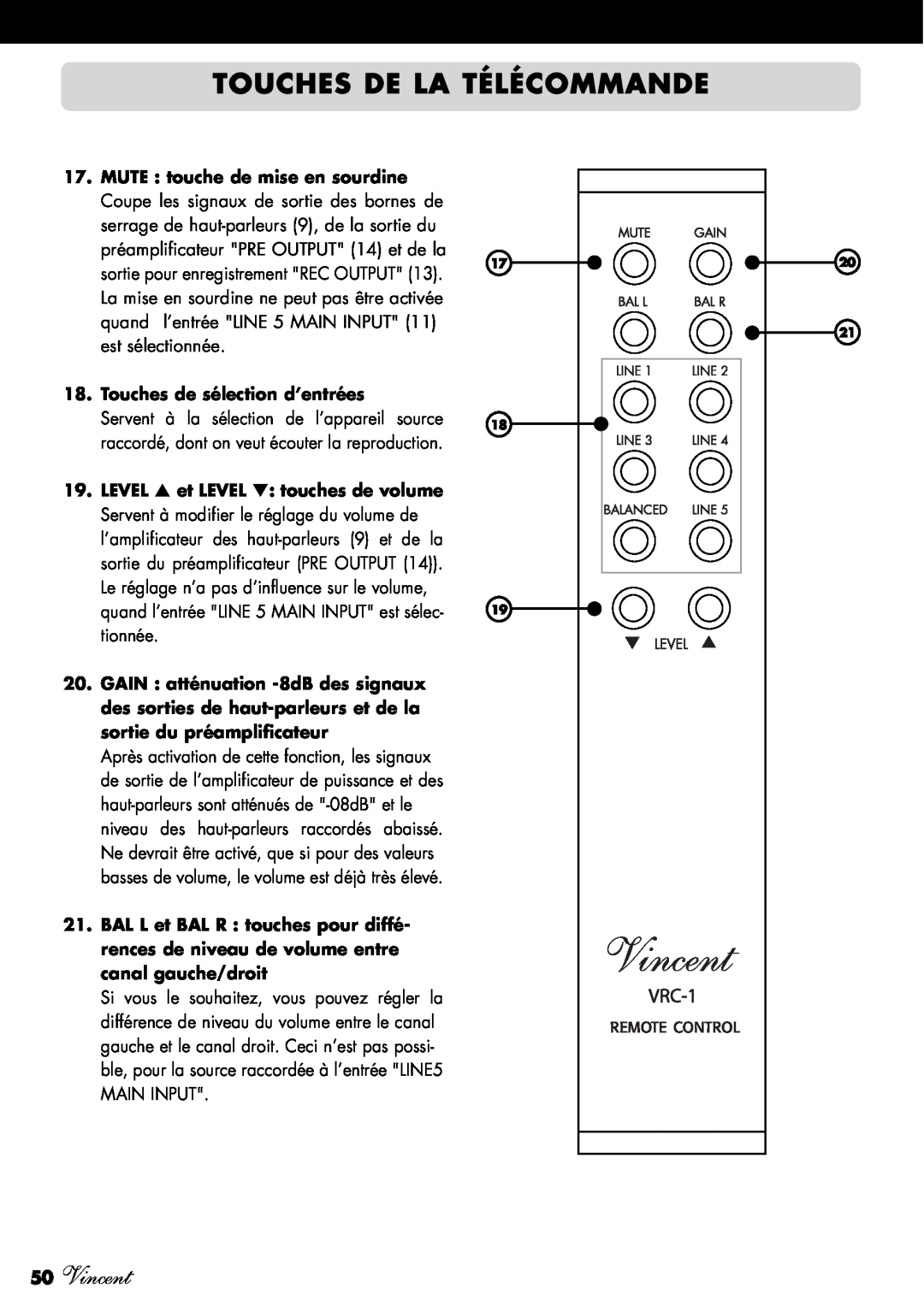 Vincent Audio SV-234 manuel dutilisation Touches De La Télécommande, 50Vincent, Touches de sélection d’entrées 