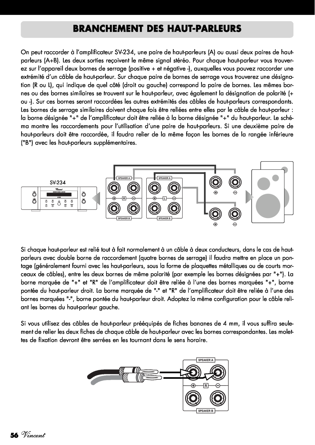 Vincent Audio SV-234 manuel dutilisation Branchement Des Haut-Parleurs, 56Vincent 