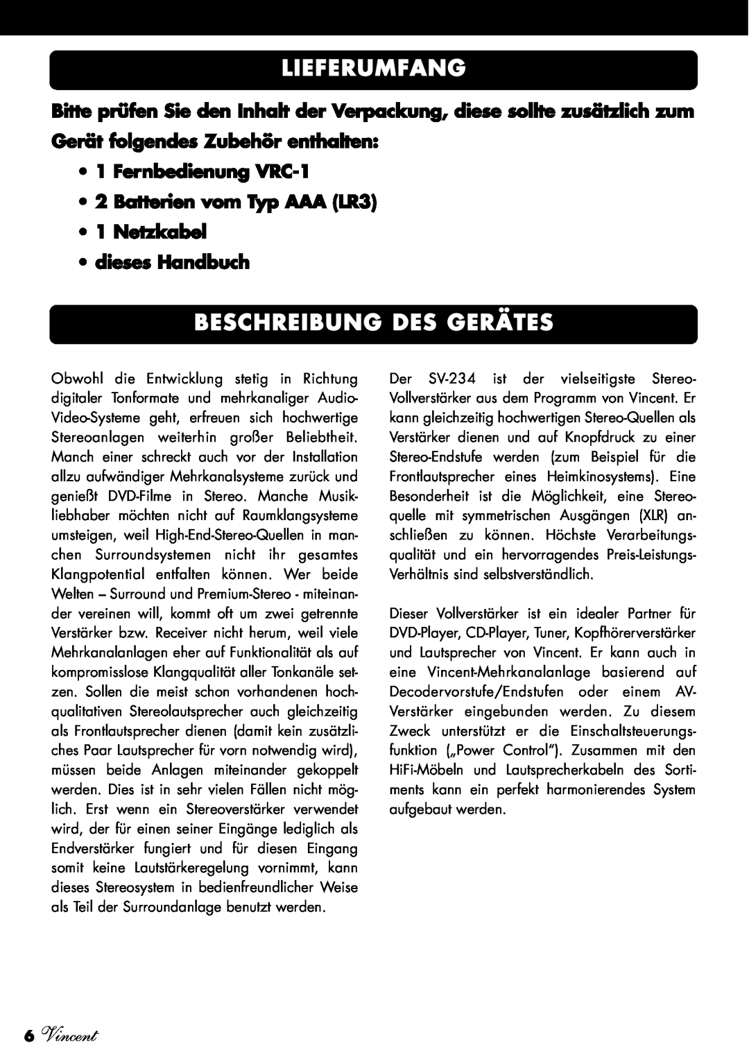 Vincent Audio SV-234 Lieferumfang, Beschreibung Des Gerätes, 6Vincent, Fernbedienung VRC-1, dieses Handbuch 