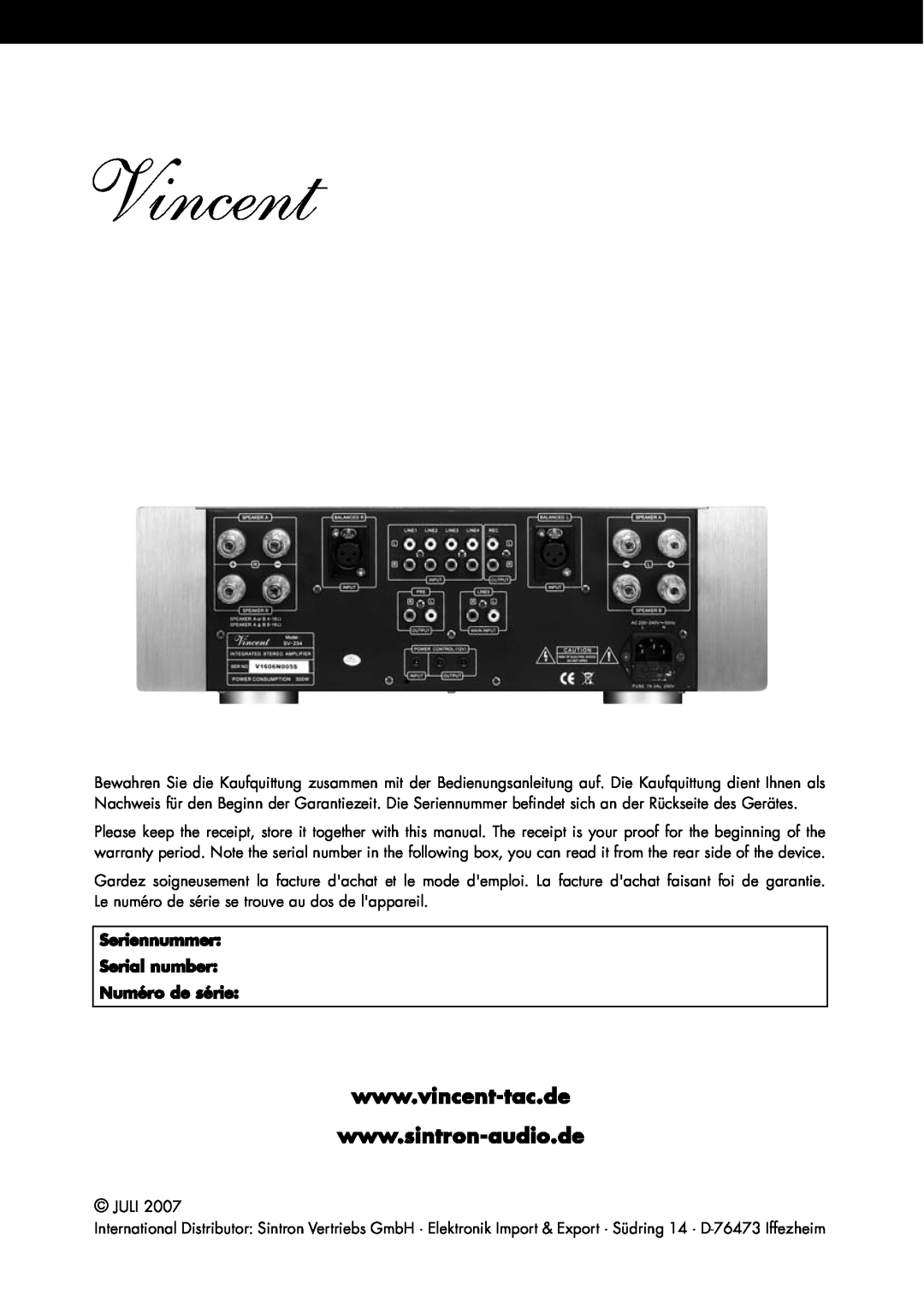 Vincent Audio SV-234 manuel dutilisation Vincent 
