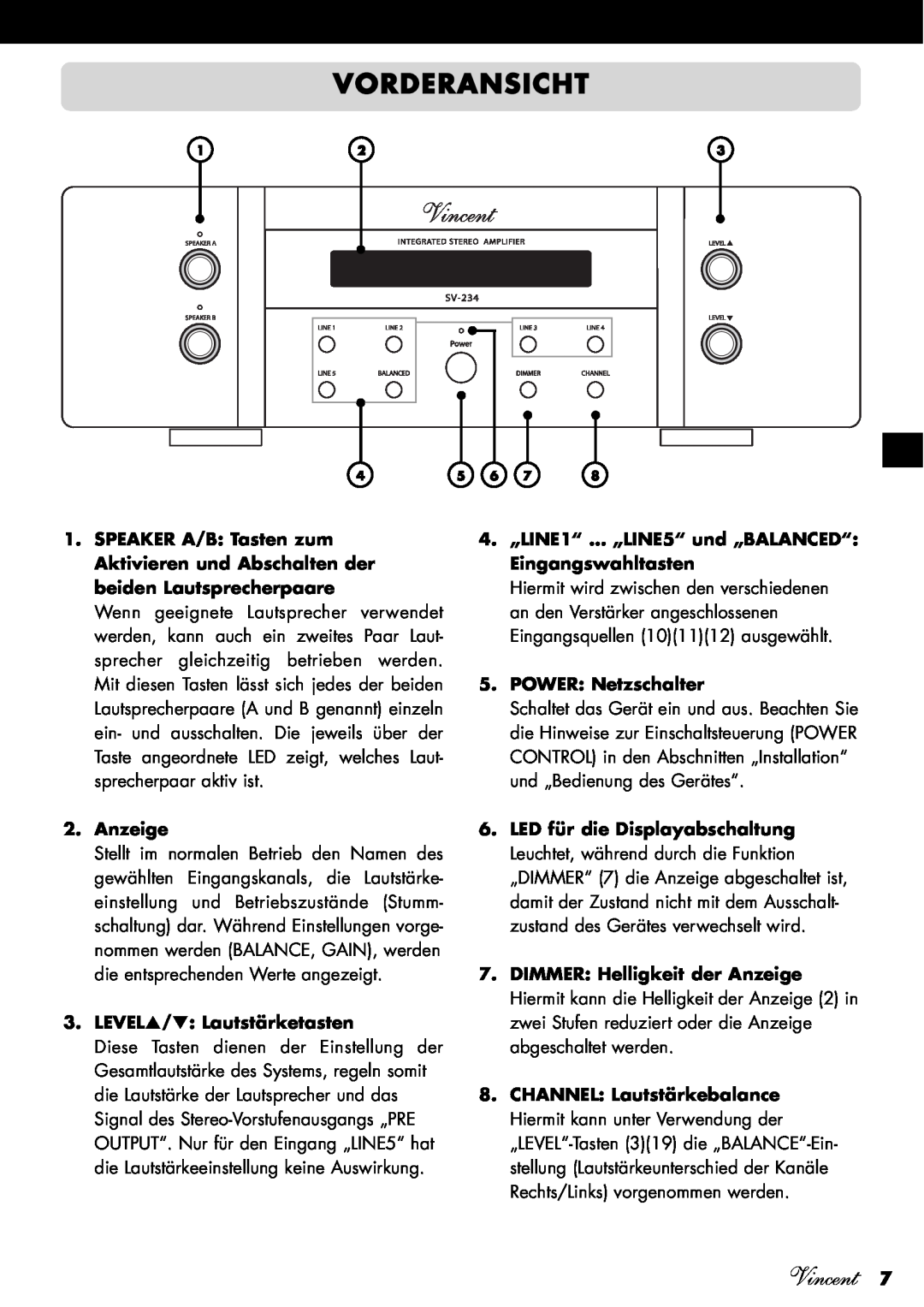 Vincent Audio SV-234 manuel dutilisation Vorderansicht, Anzeige, LEVEL/ Lautstärketasten, POWER Netzschalter, Vincent 