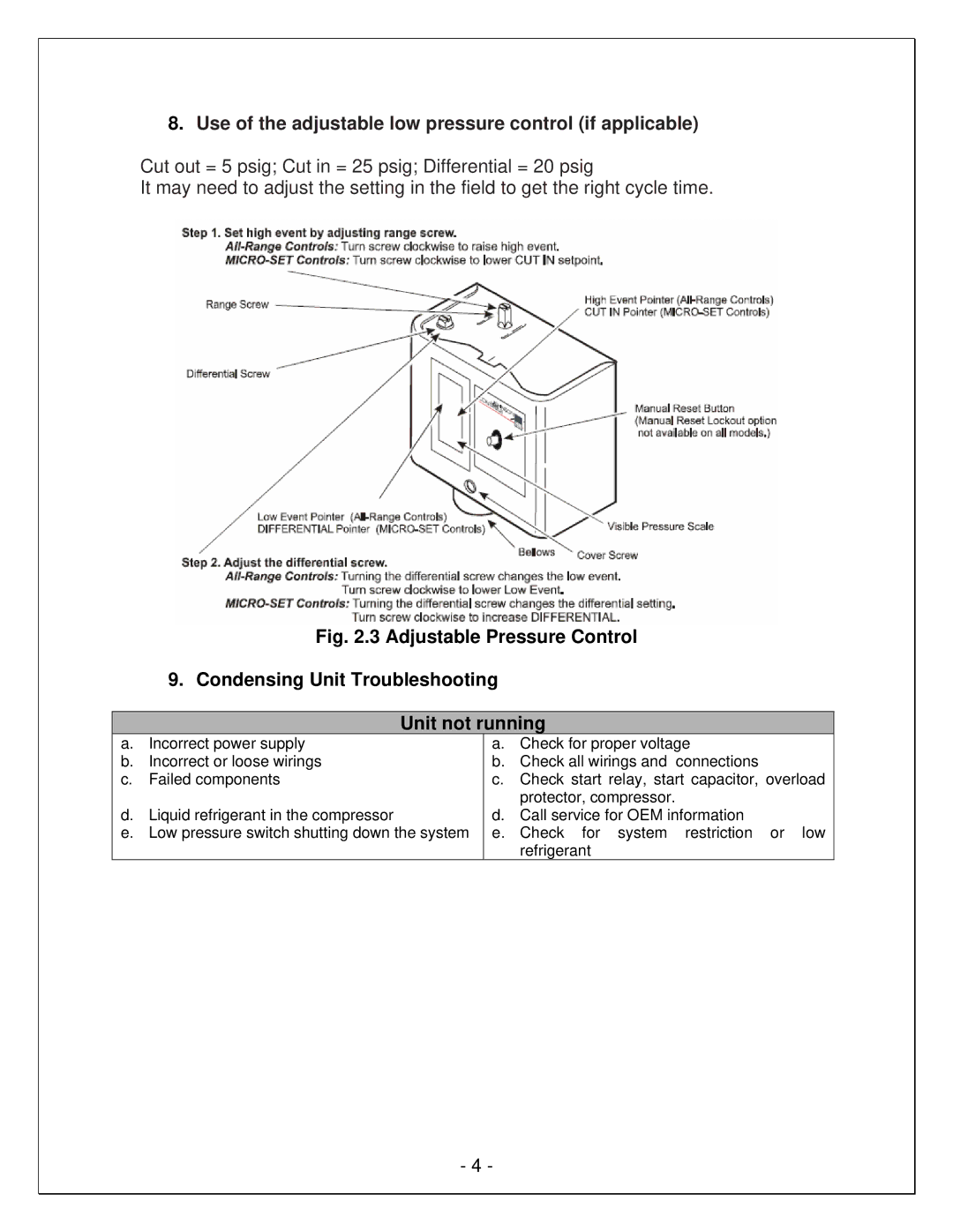 Vinotemp 250SCU manual Use of the adjustable low pressure control if applicable 