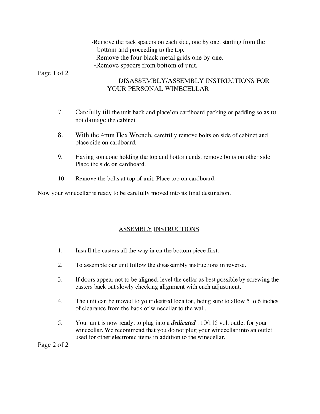 Vinotemp 700, 400 manual Assembly Instructions 