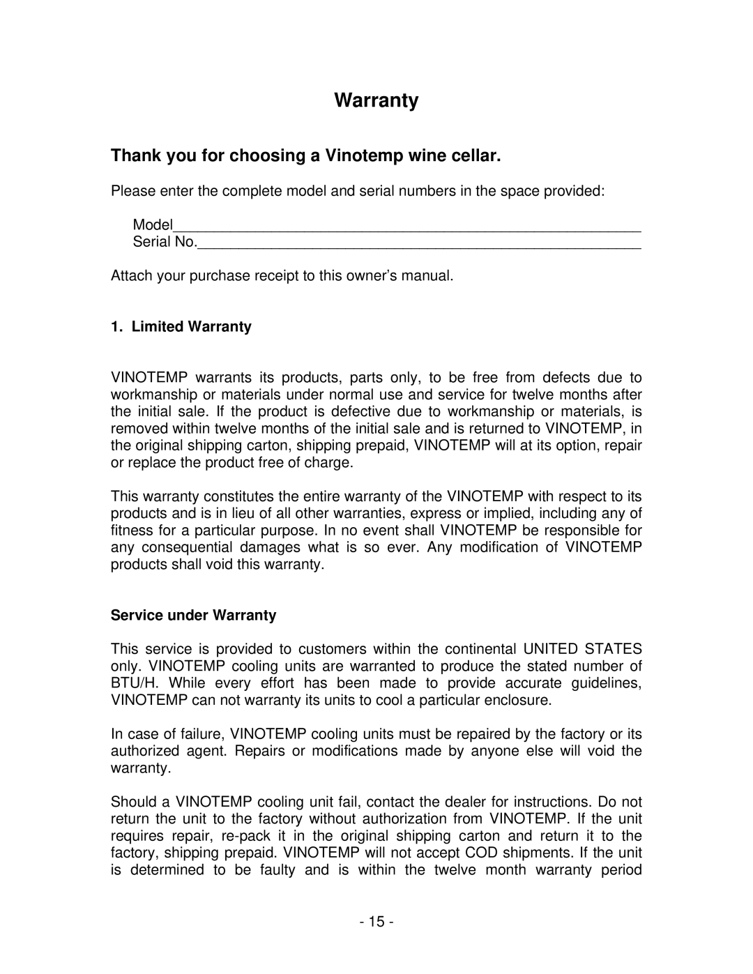 Vinotemp 8500SSH, WM 6500SSH, 4500SSH, WM 2500SSH manual Limited Warranty, Service under Warranty 