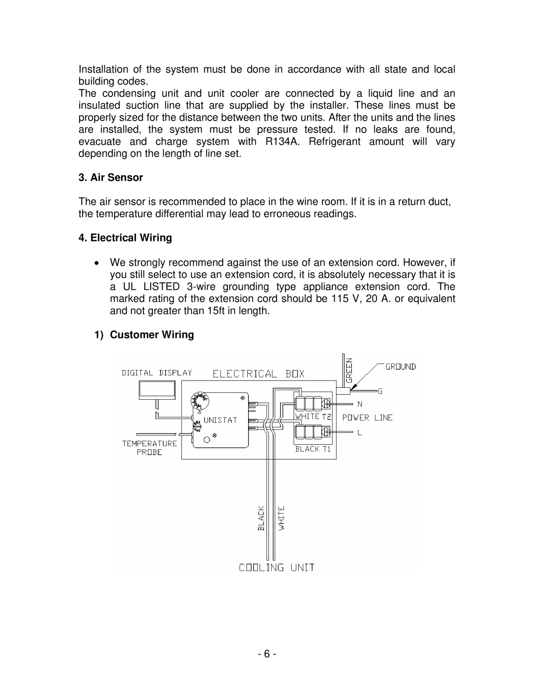 Vinotemp WM 2500SSH, 8500SSH, WM 6500SSH, 4500SSH manual Air Sensor, Electrical Wiring, Customer Wiring 