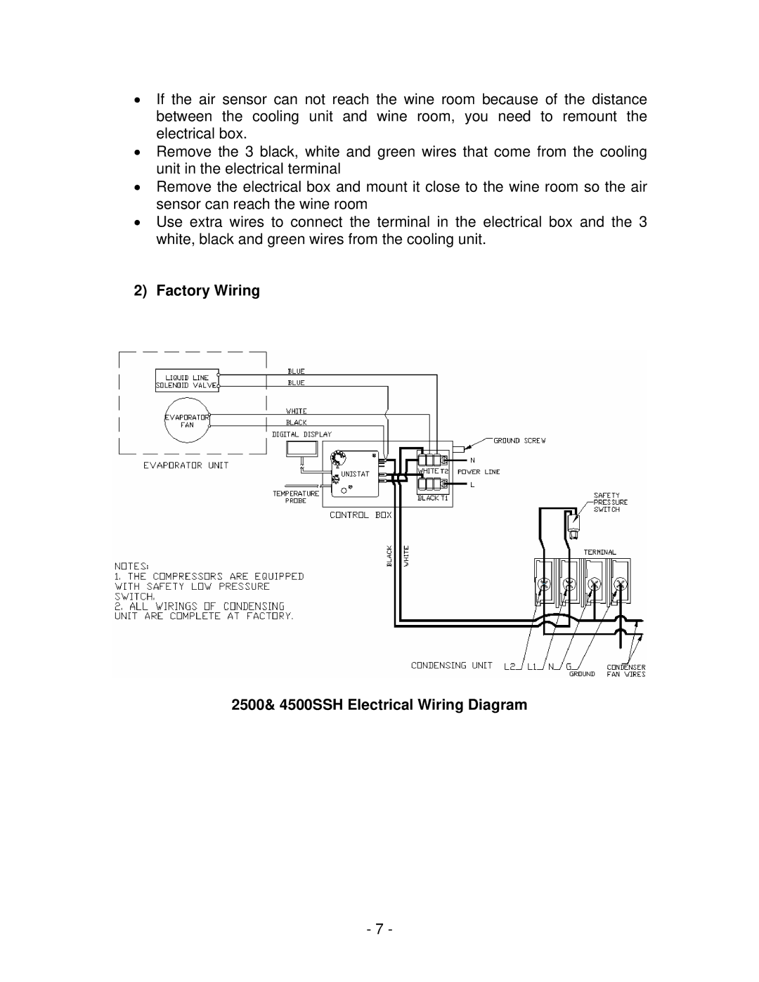 Vinotemp 8500SSH, WM 6500SSH, WM 2500SSH manual Factory Wiring 2500& 4500SSH Electrical Wiring Diagram 