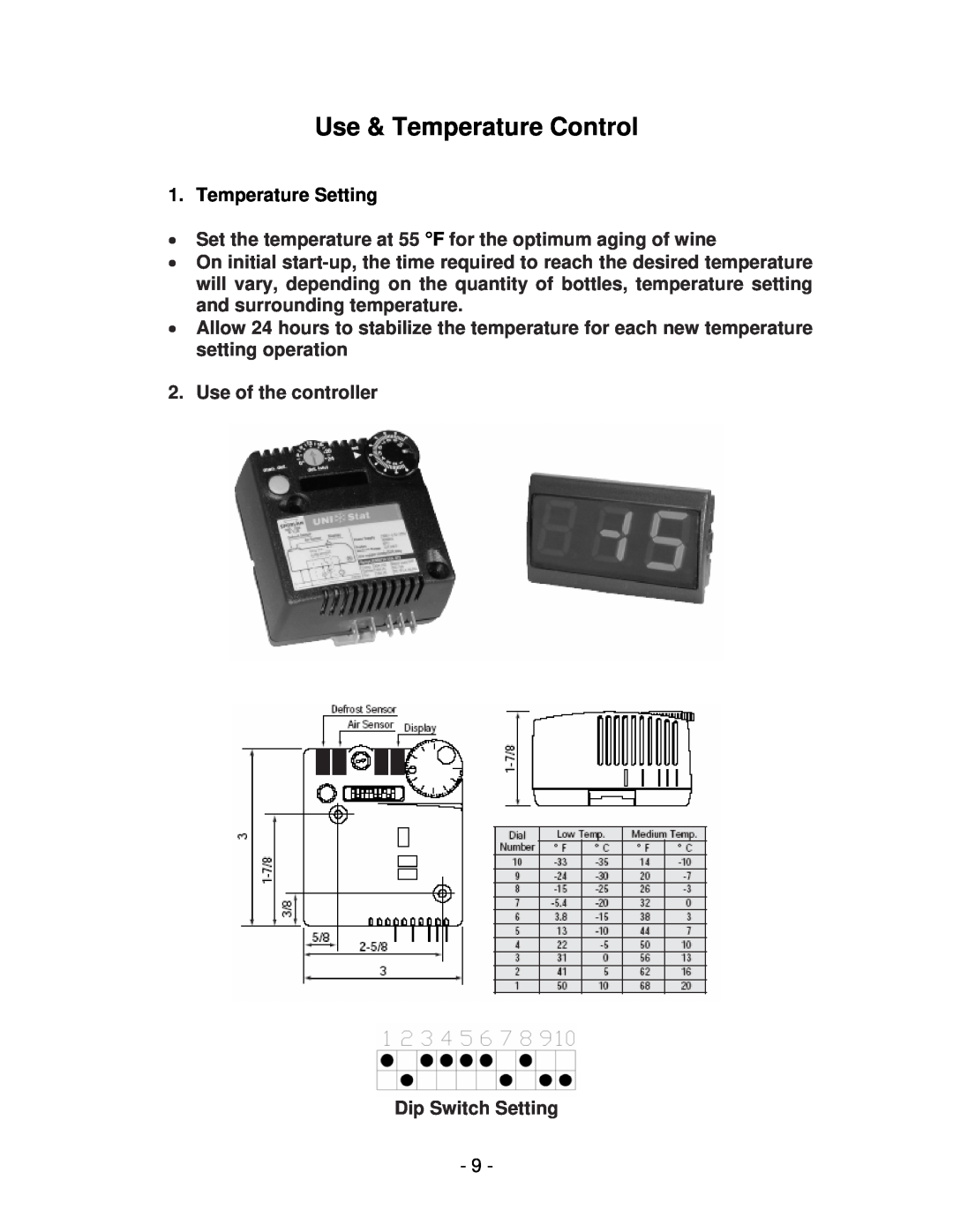 Vinotemp 4500SSH, 8500SSH, WM 6500SSH, WM 2500SSH manual Use & Temperature Control, Temperature Setting 