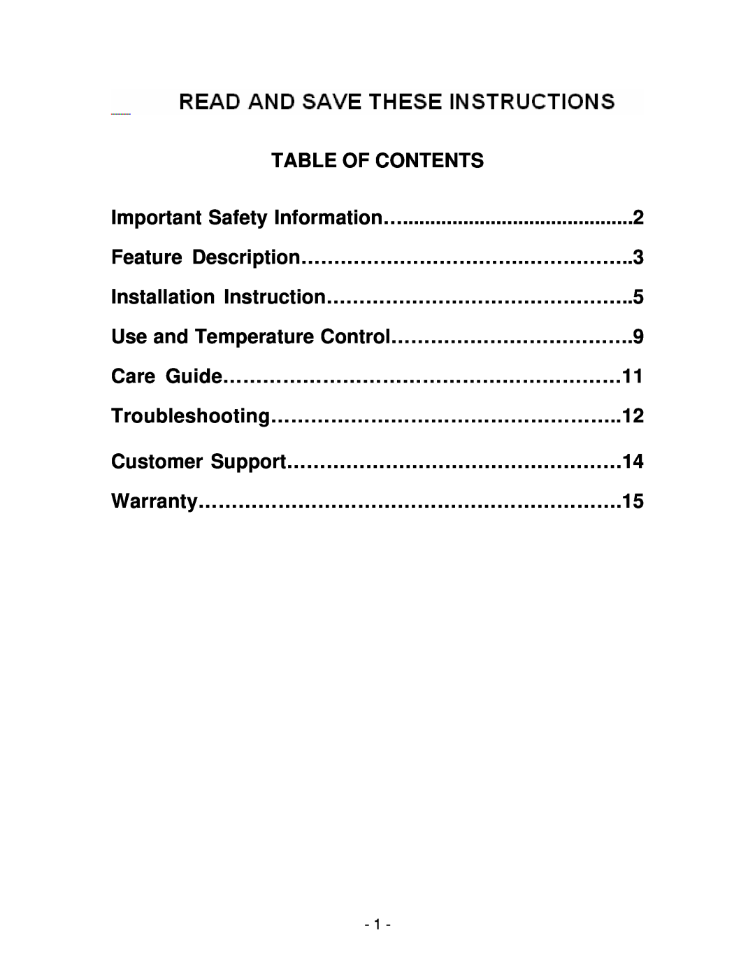 Vinotemp 4500SSH Table Of Contents, Feature Description…………………………….……………..3, Installation Instruction………………………………………..5 