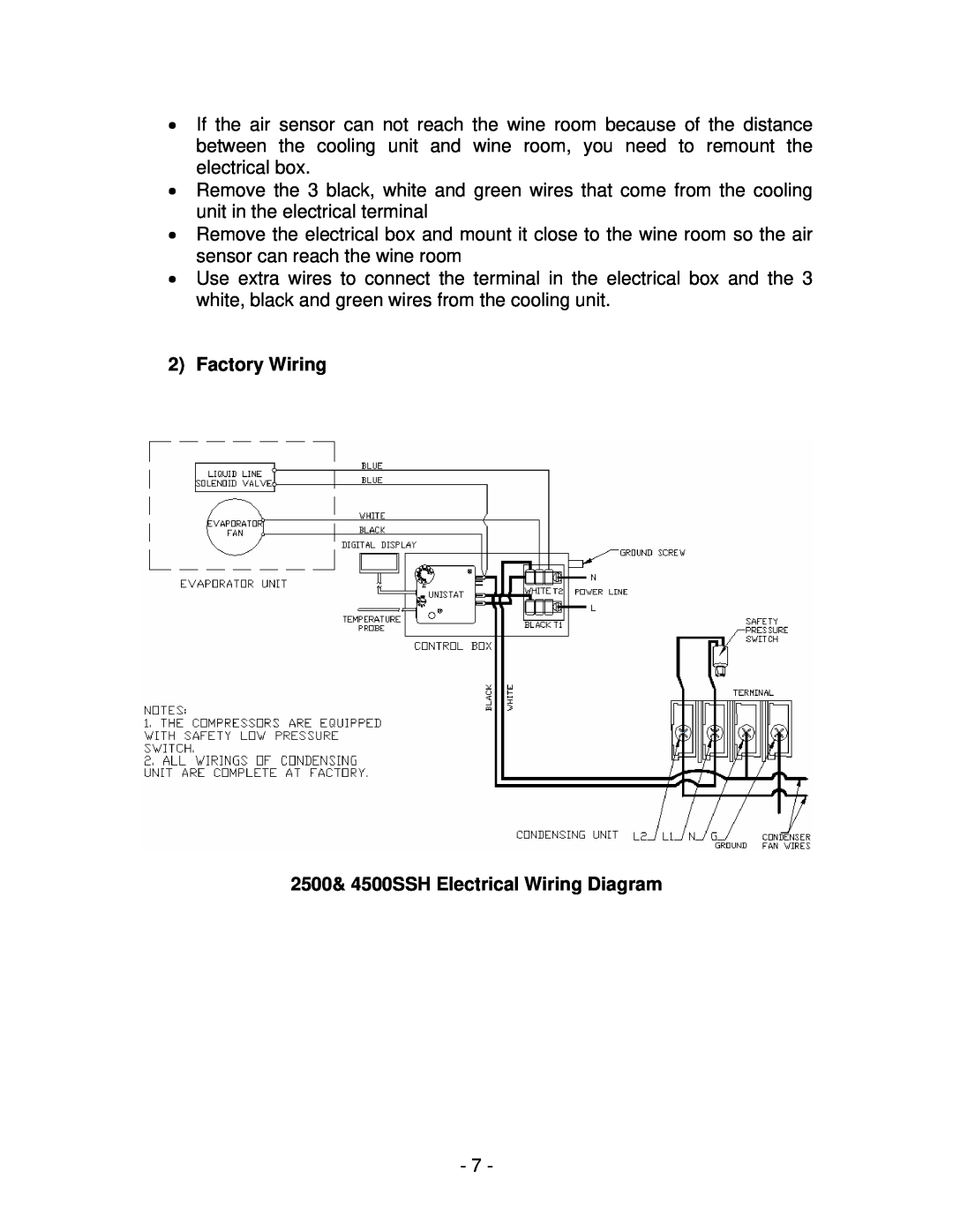 Vinotemp 8500SSH, WM 6500SSH, WM 2500SSH manual Factory Wiring, 2500& 4500SSH Electrical Wiring Diagram 