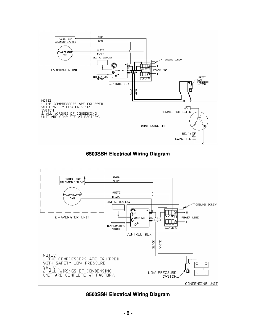 Vinotemp WM 6500SSH, 4500SSH, WM 2500SSH manual 6500SSH Electrical Wiring Diagram, 8500SSH Electrical Wiring Diagram 