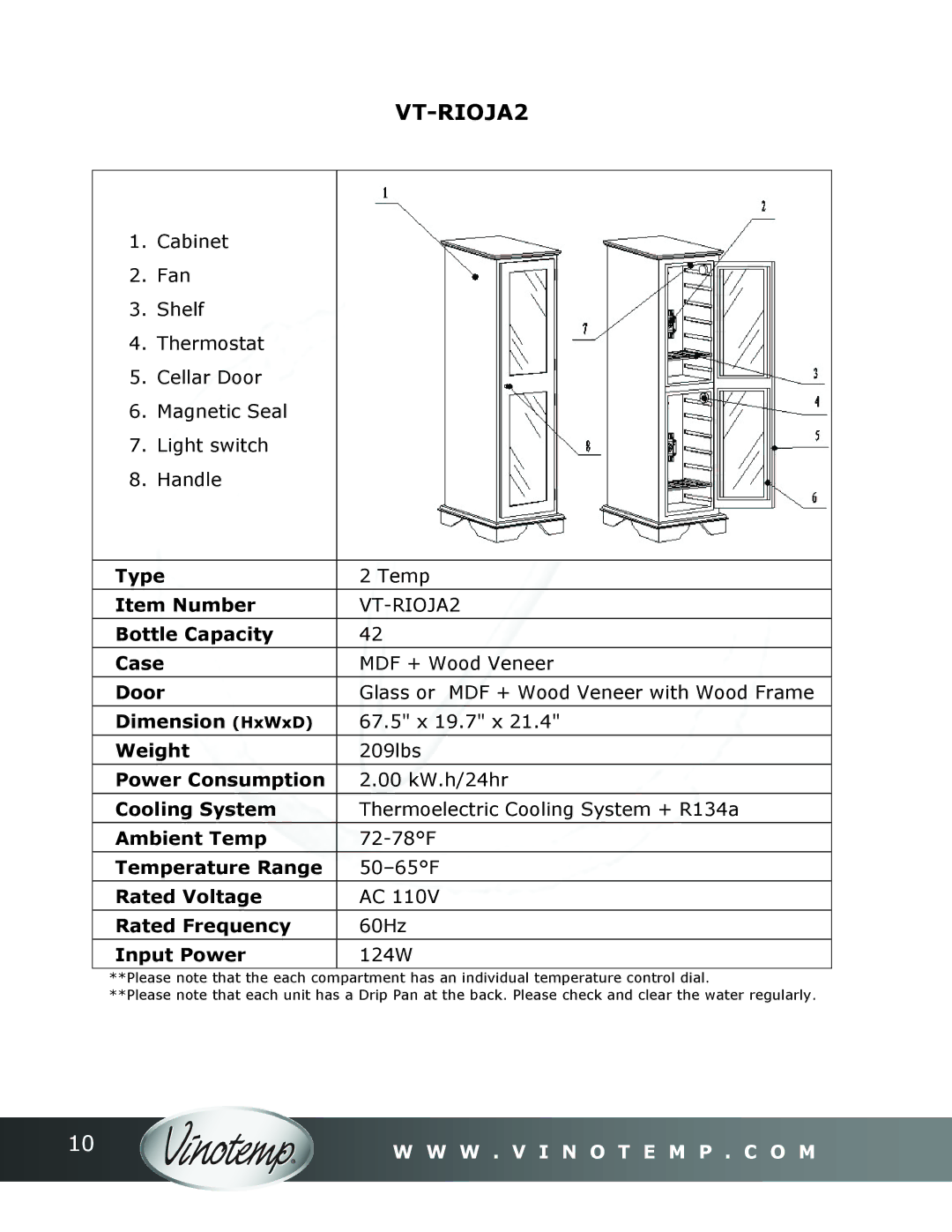 Vinotemp Portofino owner manual VT-RIOJA2, 67.5 x 19.7 x, 209lbs 