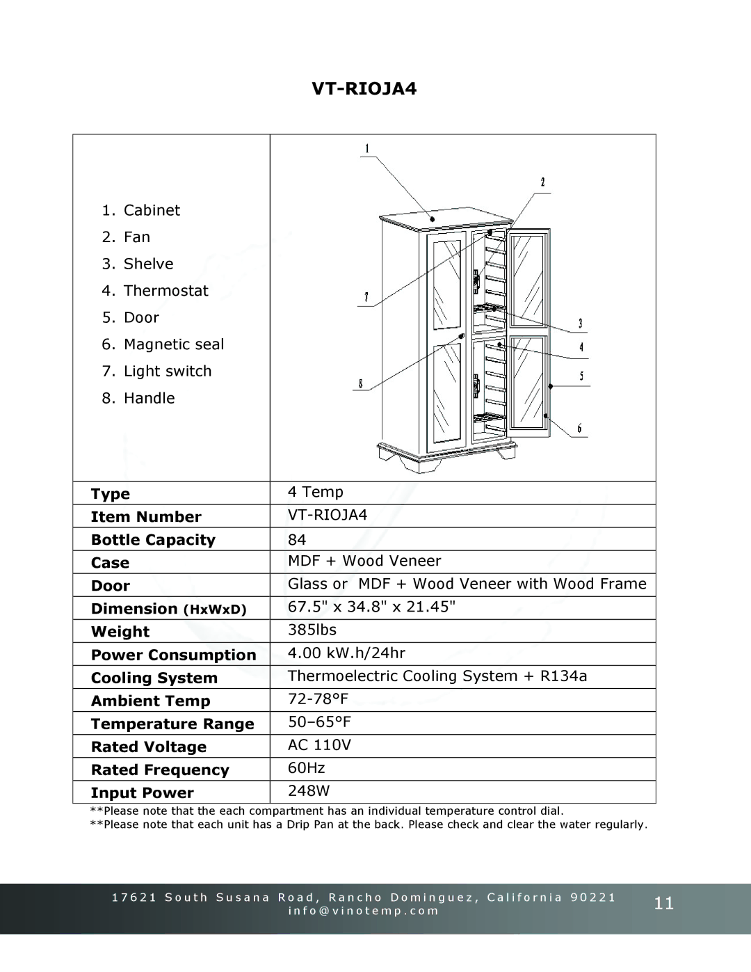 Vinotemp Portofino owner manual VT-RIOJA4, 67.5 x 34.8 x, 385lbs 