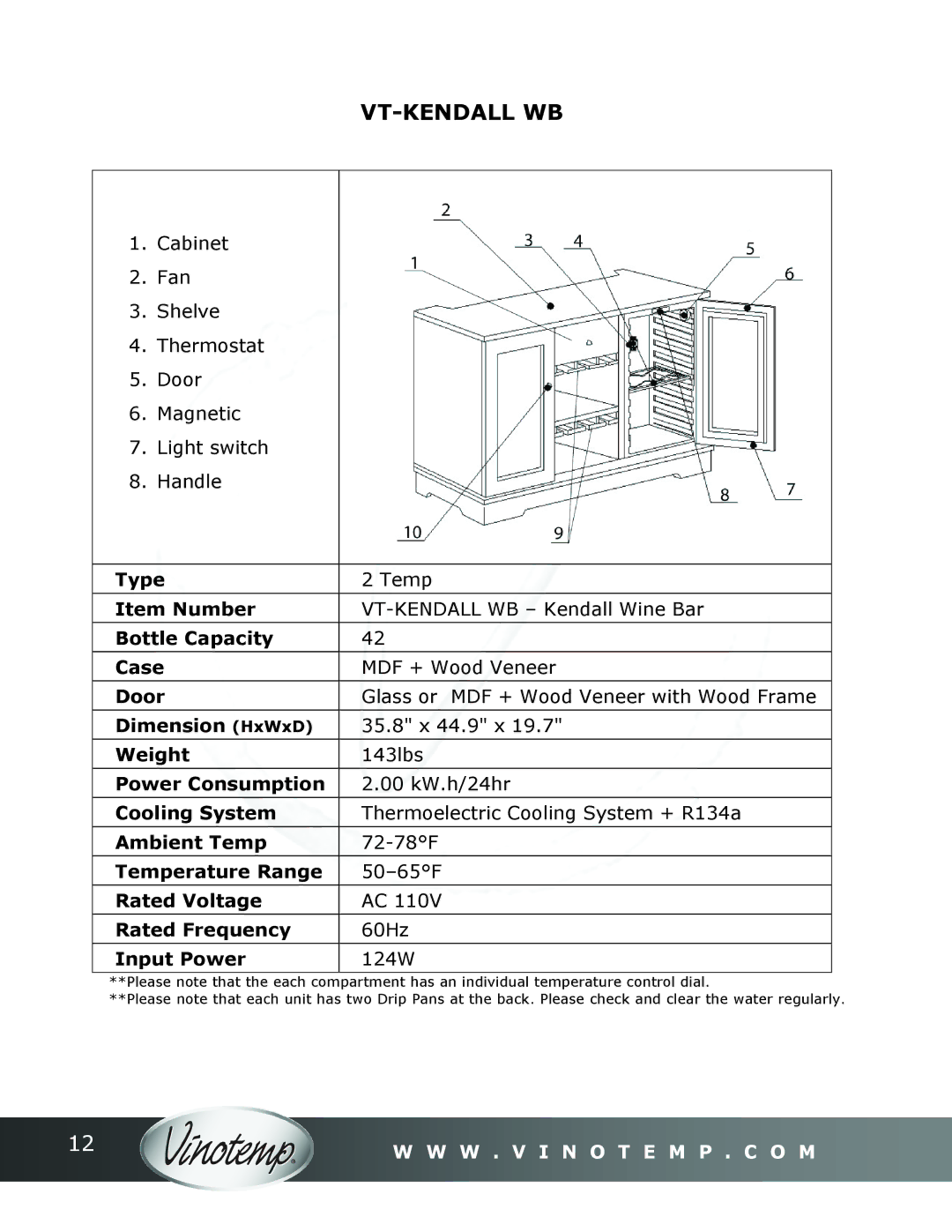 Vinotemp Portofino owner manual Vt-Kendall Wb, VT-KENDALL WB Kendall Wine Bar, 35.8 x 44.9 x 