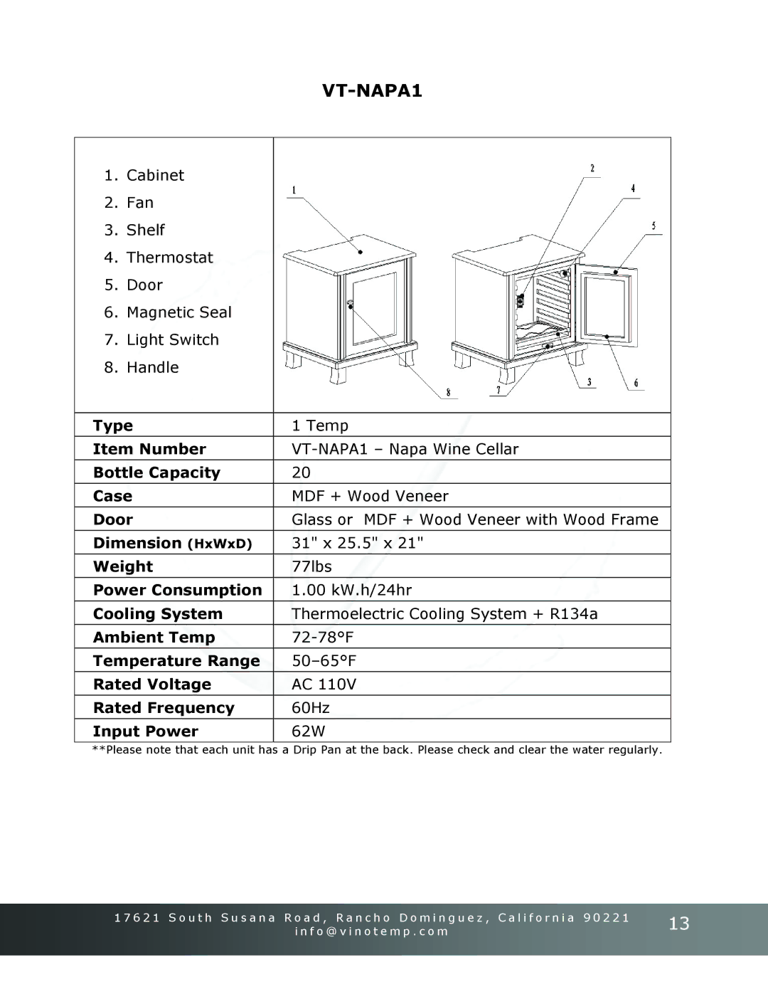 Vinotemp Portofino owner manual VT-NAPA1 Napa Wine Cellar, 31 x 25.5 x, 77lbs 