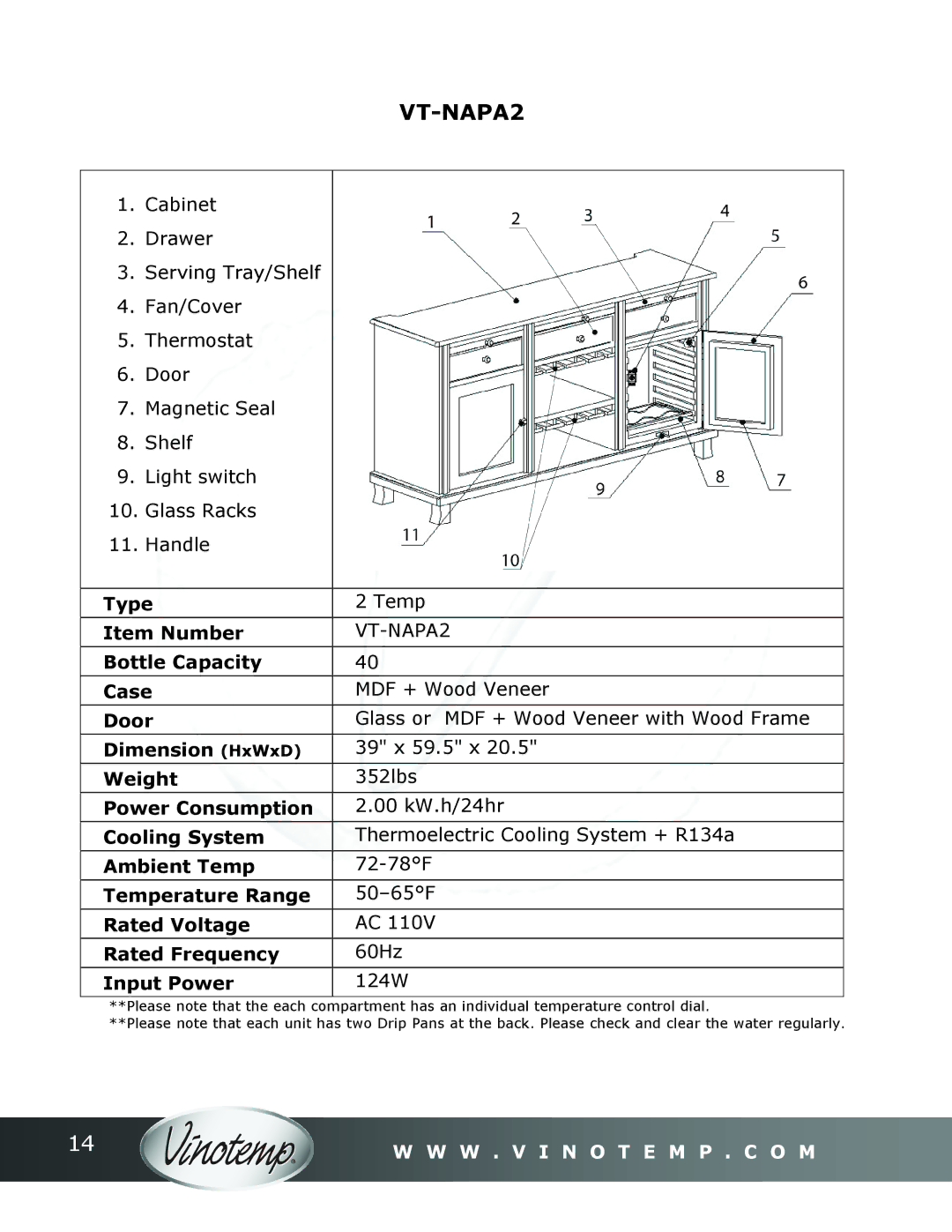 Vinotemp Portofino owner manual VT-NAPA2, 39 x 59.5 x, 352lbs 