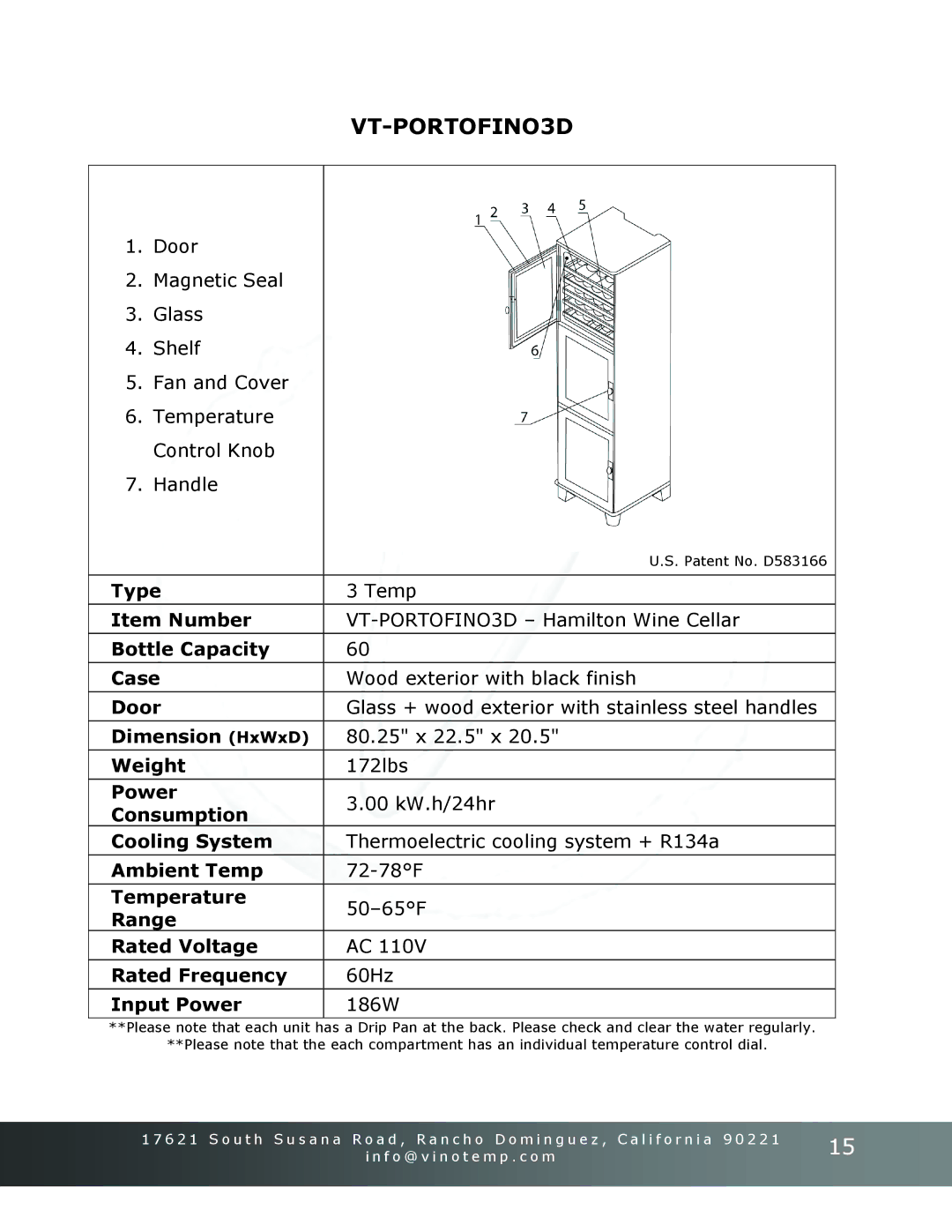 Vinotemp Portofino owner manual VT-PORTOFINO3D, Power, Consumption, Temperature, Range 