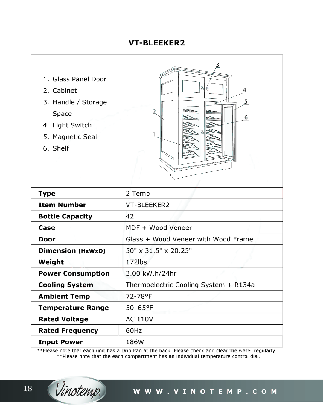 Vinotemp Portofino owner manual VT-BLEEKER2, Glass + Wood Veneer with Wood Frame, 50 x 31.5 x 