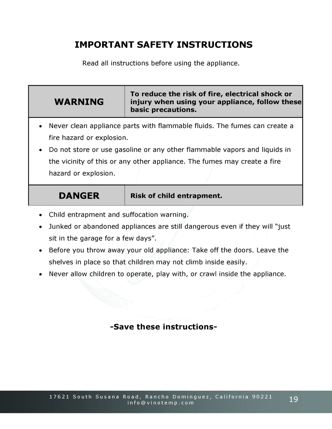 Vinotemp Portofino owner manual Important Safety Instructions, Read all instructions before using the appliance 